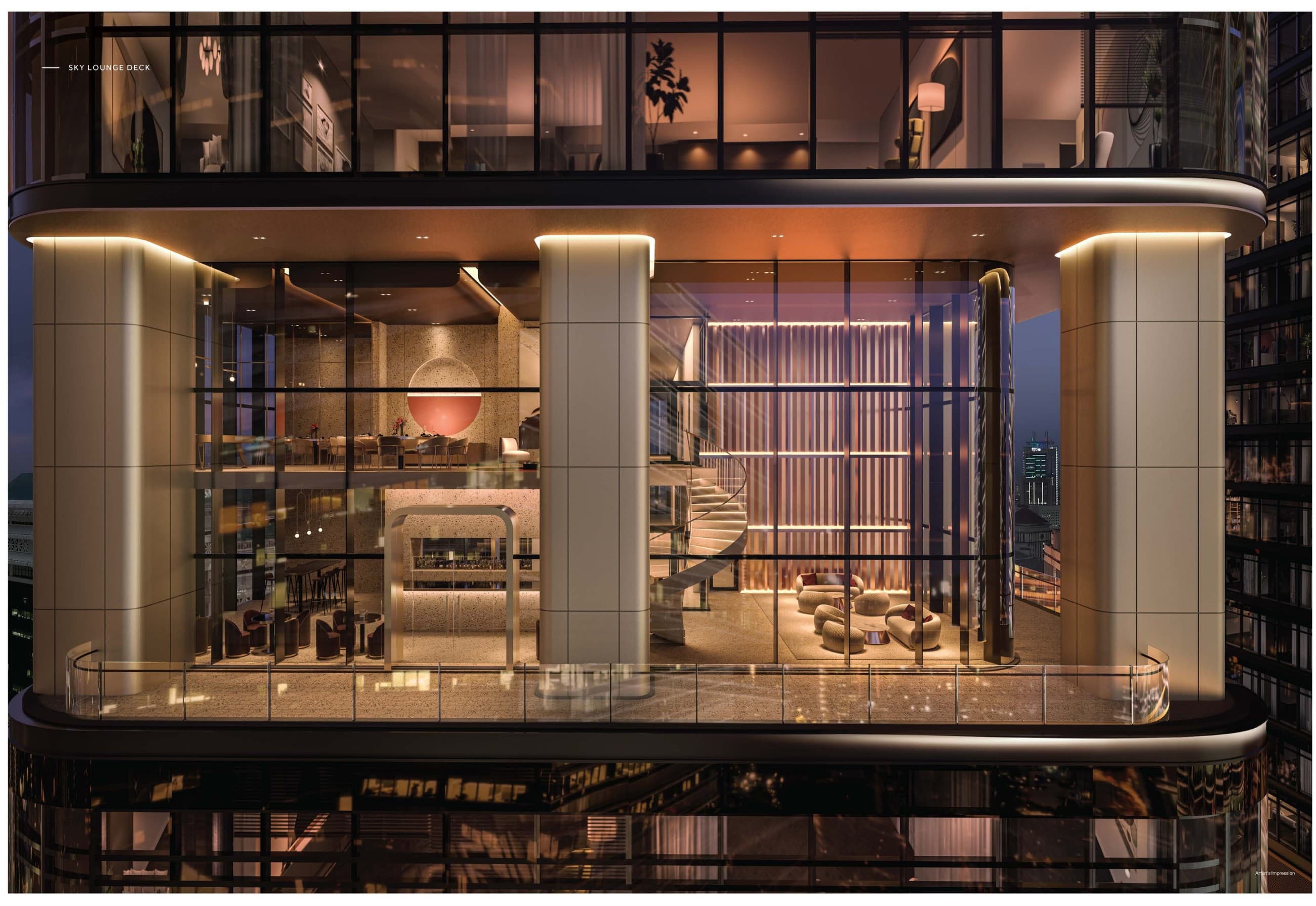 The sky lounge deck seen from outside — the glazed volume cut into the tower, with its spiral stair and bar lit at dusk
