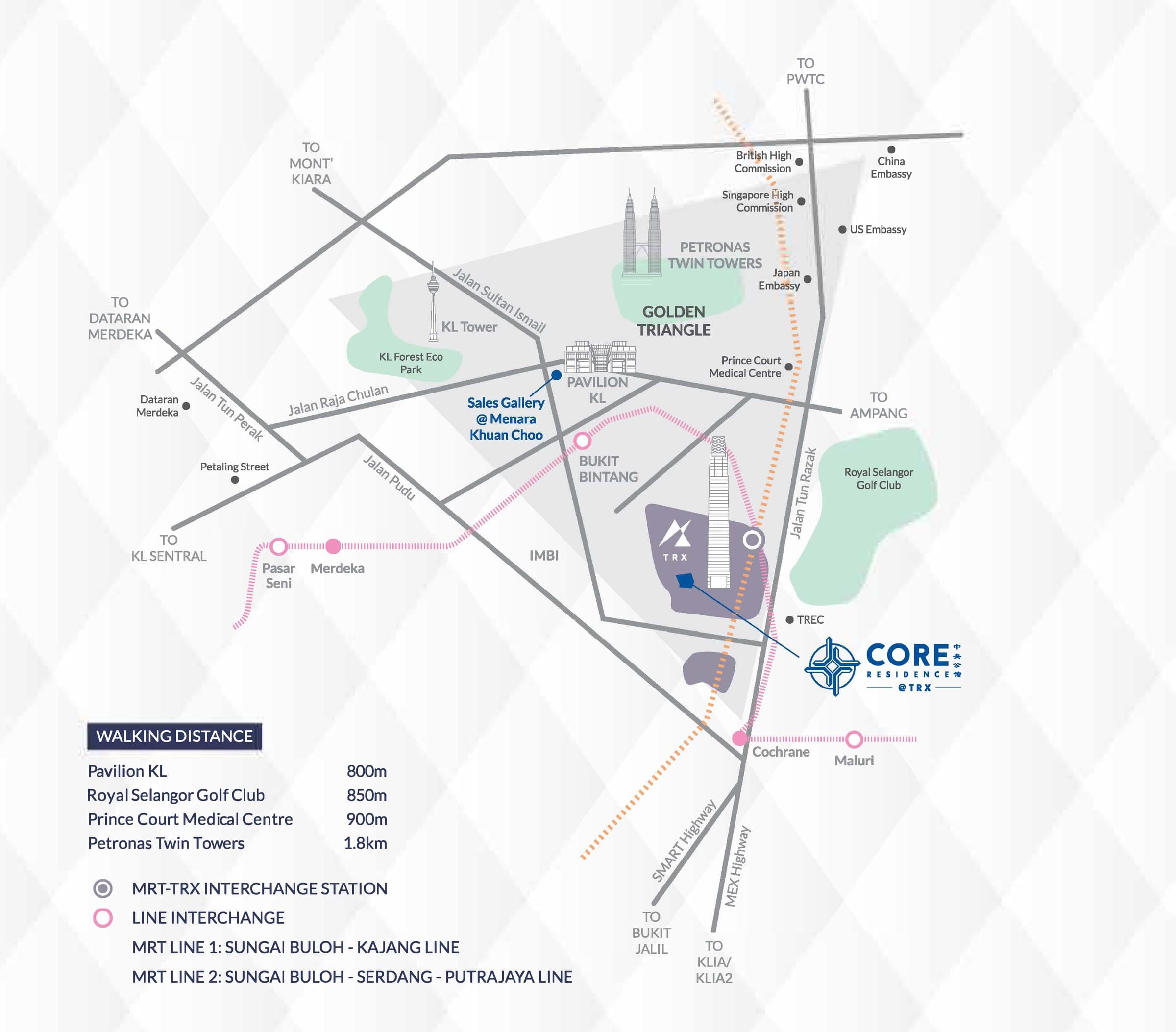 Core Residence @ TRX location map — the development marked inside the Tun Razak Exchange precinct with the MRT-TRX interchange station beside it, TREC and MRT Cochrane to the south, the Royal Selangor Golf Club east across Jalan Tun Razak, Pavilion KL and Bukit Bintang north-west, the Petronas Twin Towers and the Golden Triangle to the north, Prince Court Medical Centre and the British, Singapore, China, Japan and US missions along Jalan Tun Razak, and the SMART and MEX highways running south to KLIA