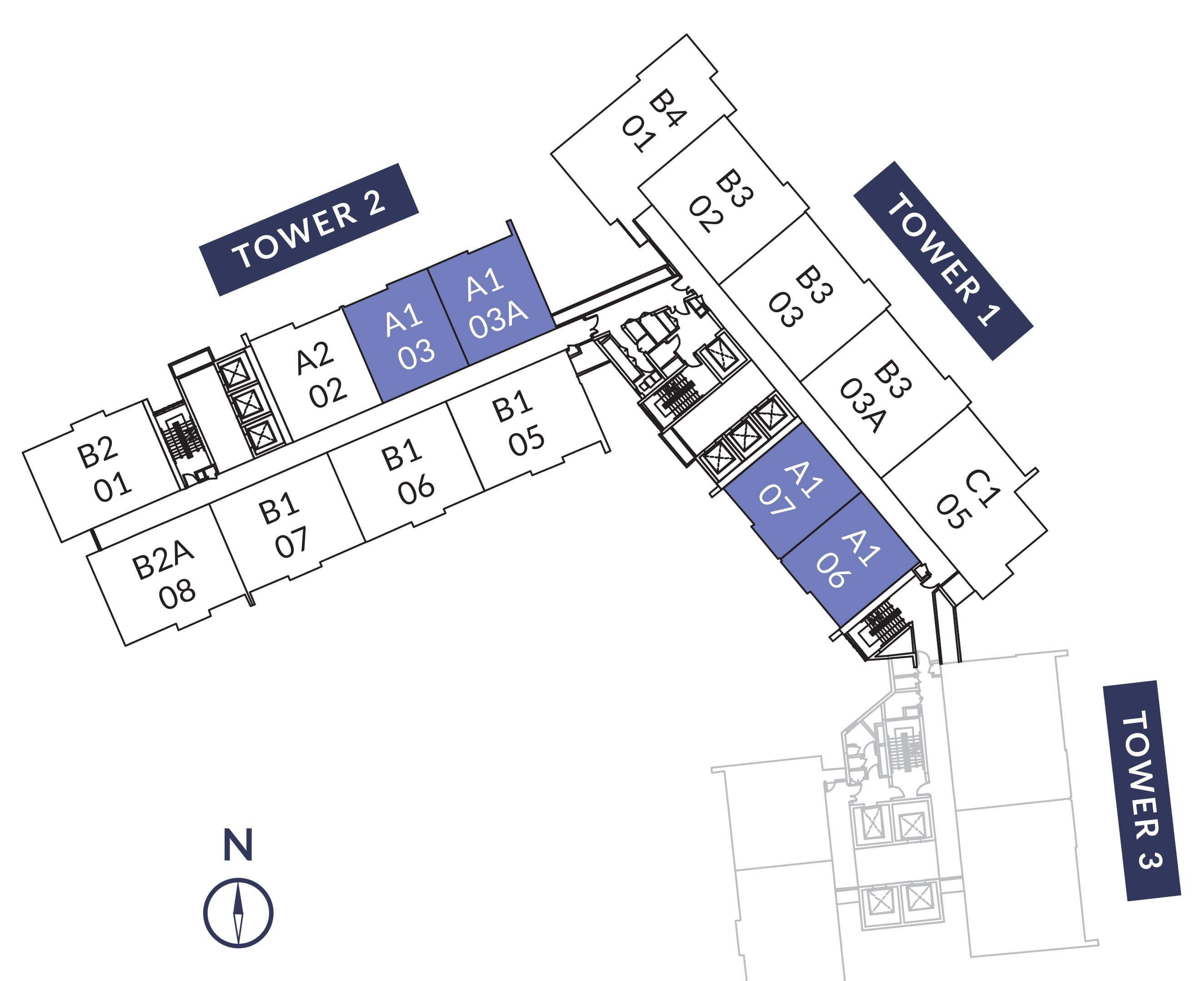 Core Residence @ TRX typical floor plate — fifteen homes on a dog-leg. Tower 2 runs north-west with units B2-01, A2-02, A1-03, A1-03A, B1-05, B1-06, B1-07 and B2A-08; Tower 1 runs north-east with B4-01, B3-02, B3-03, B3-03A, C1-05, A1-06 and A1-07; Tower 3 is drawn in outline at the south-east, with the four Type A1 units highlighted