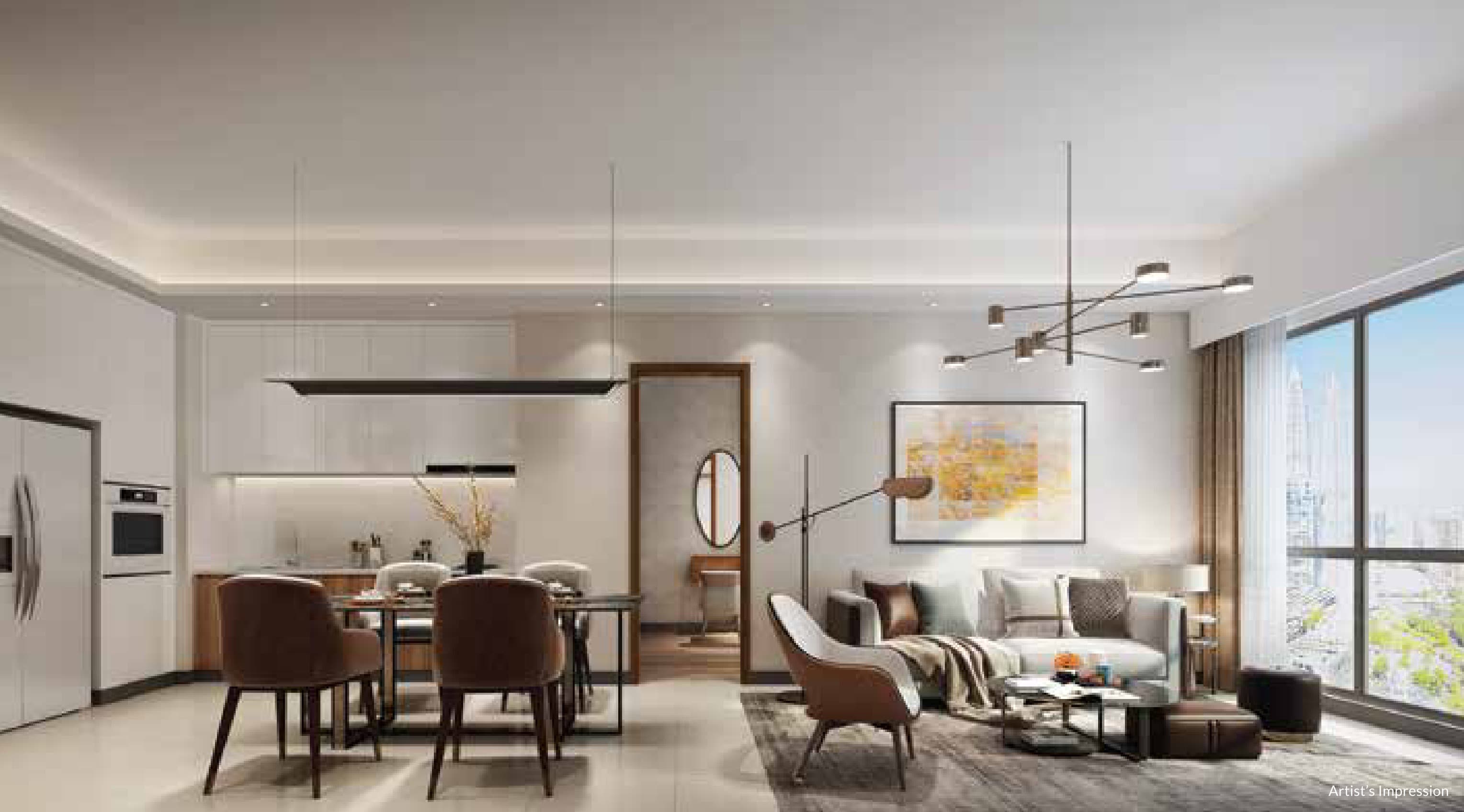 Inside a two-bedroom home: the open kitchen and dining running into the living room, the foyer beyond, and full-height glazing to the city on the right. Homes are handed over fully furnished