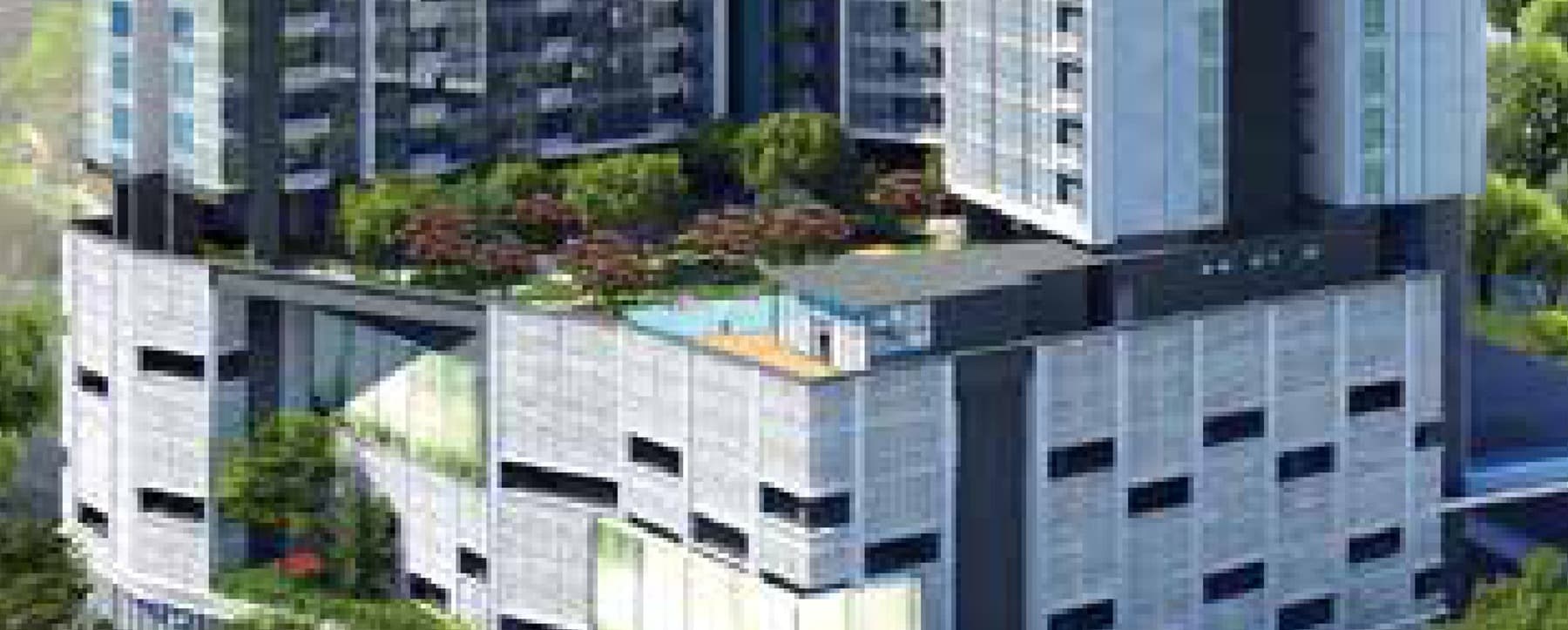 The Level 7 facilities podium as the facade render draws it — the swimming pool set into the deck, planted terraces and mature trees over the car park levels, with the two residential towers rising directly off it