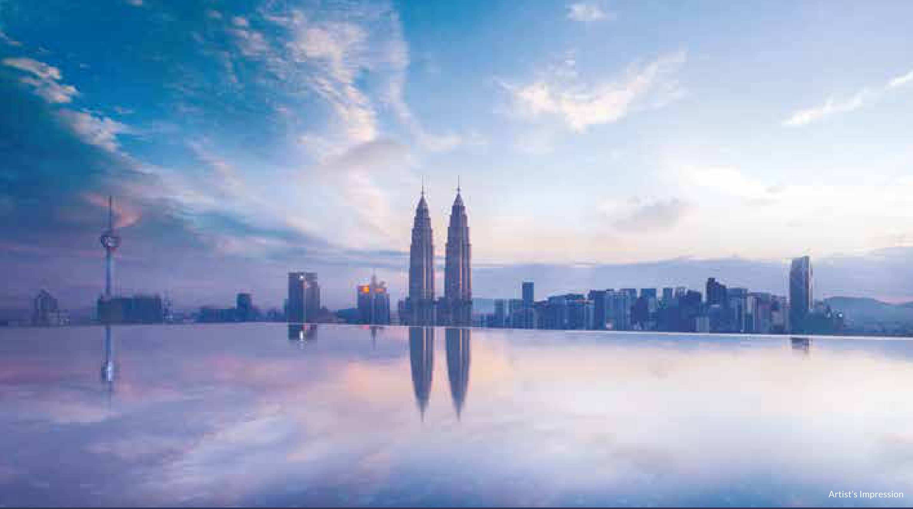 The infinity edge looking north-west across the city, with the Petronas Twin Towers and the KL Tower on the far side of the water — the brochure's own render of the rooftop pool