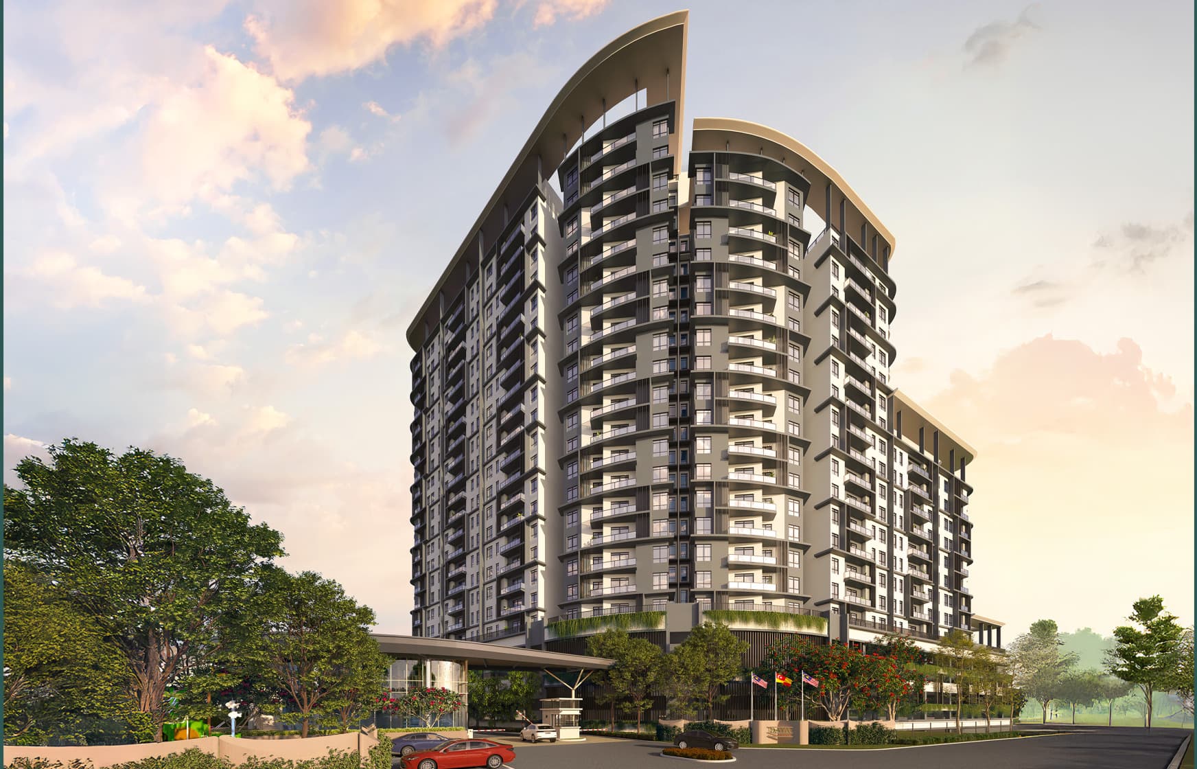 The 24-storey condominium and its arrival porch, seen from the estate road with the guard post and flag court at the entrance