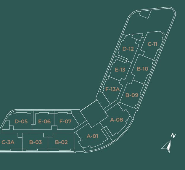 Daya Residence condominium typical floor plan — fourteen unit stacks drawn in white line on the brochure's green, each labelled by type and number: A-01, B-02, B-03, C-3A, D-05, E-06, F-07, A-08, B-09, B-10, C-11, D-12, E-13 and F-13A