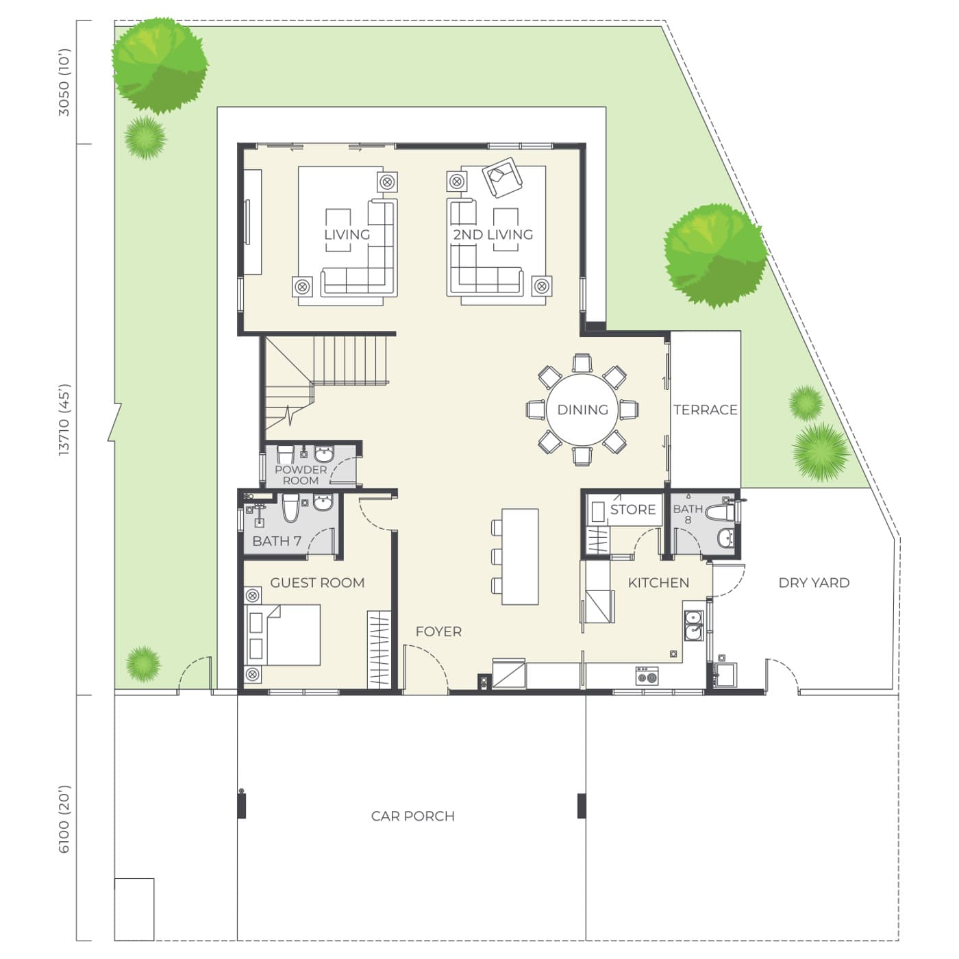 Daya Residence Bungalow Type E ground floor plan — 5,004 sq ft, ± 63' × 75' · 6 bedrooms · 8 bathrooms + powder room · 4 car parks