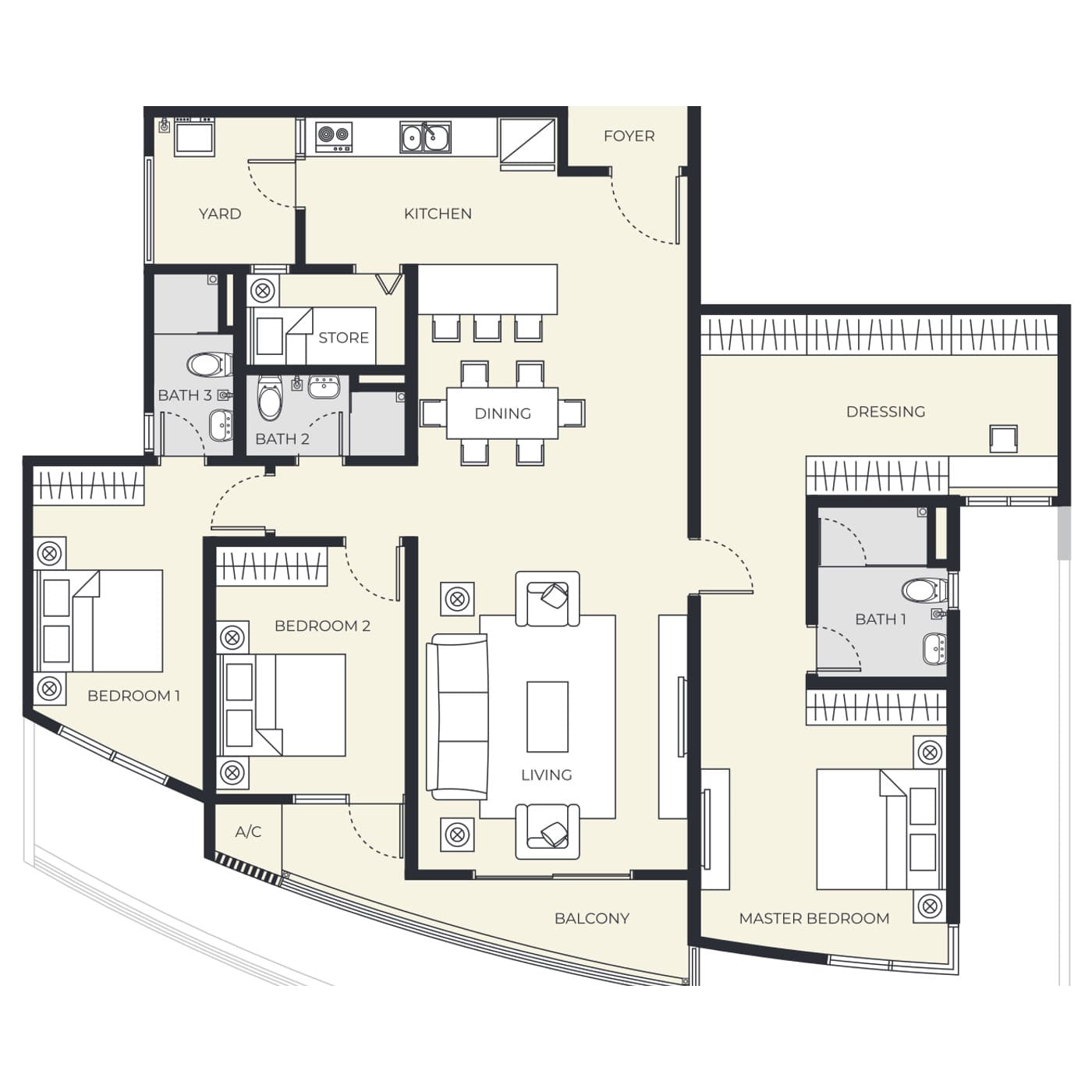 Daya Residence condominium Type A floor plan — 1,572 sq ft, 3 bedrooms · 3 bathrooms · 2 car parks