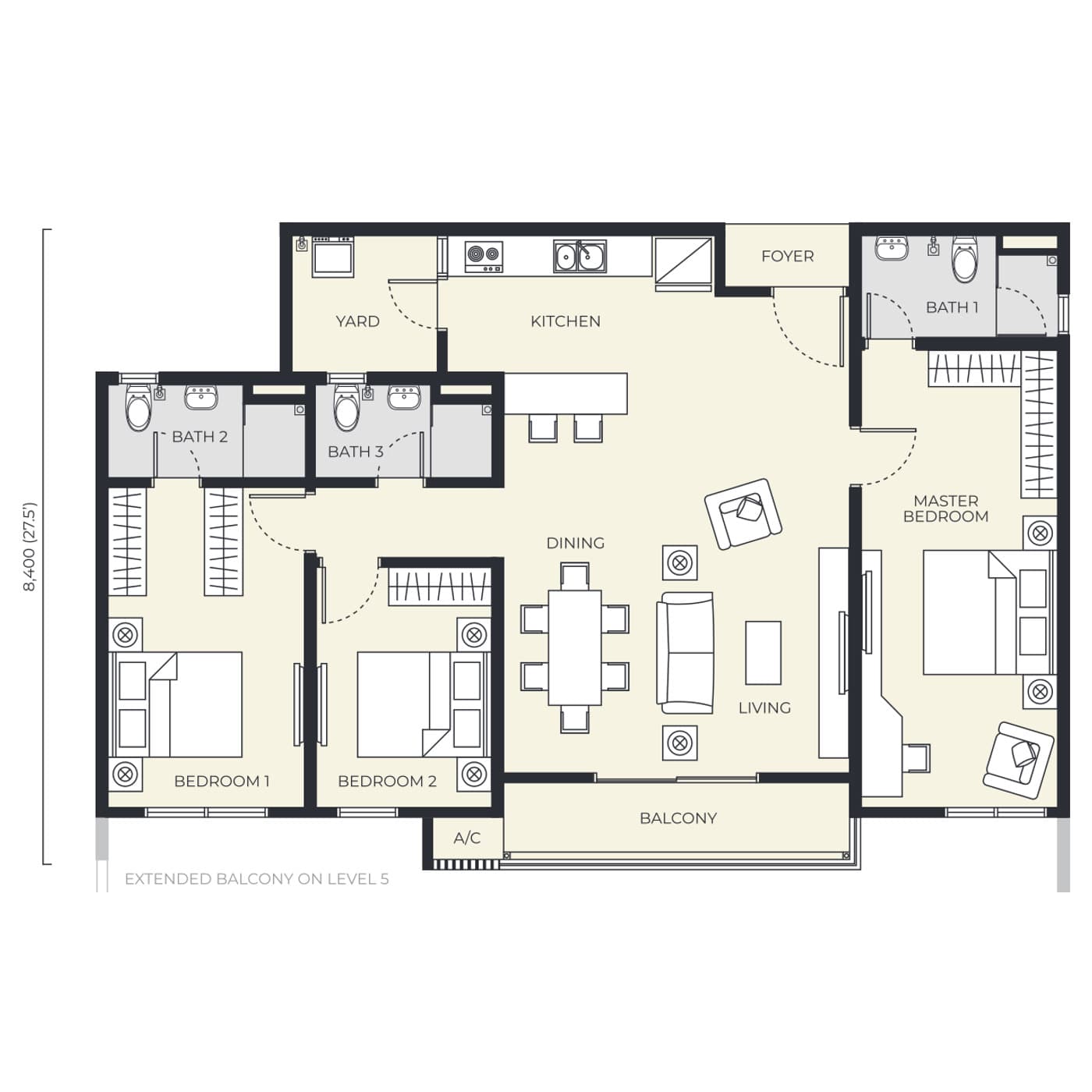 Daya Residence condominium Type B floor plan — 1,238 sq ft, 3 bedrooms · 3 bathrooms · 2 car parks