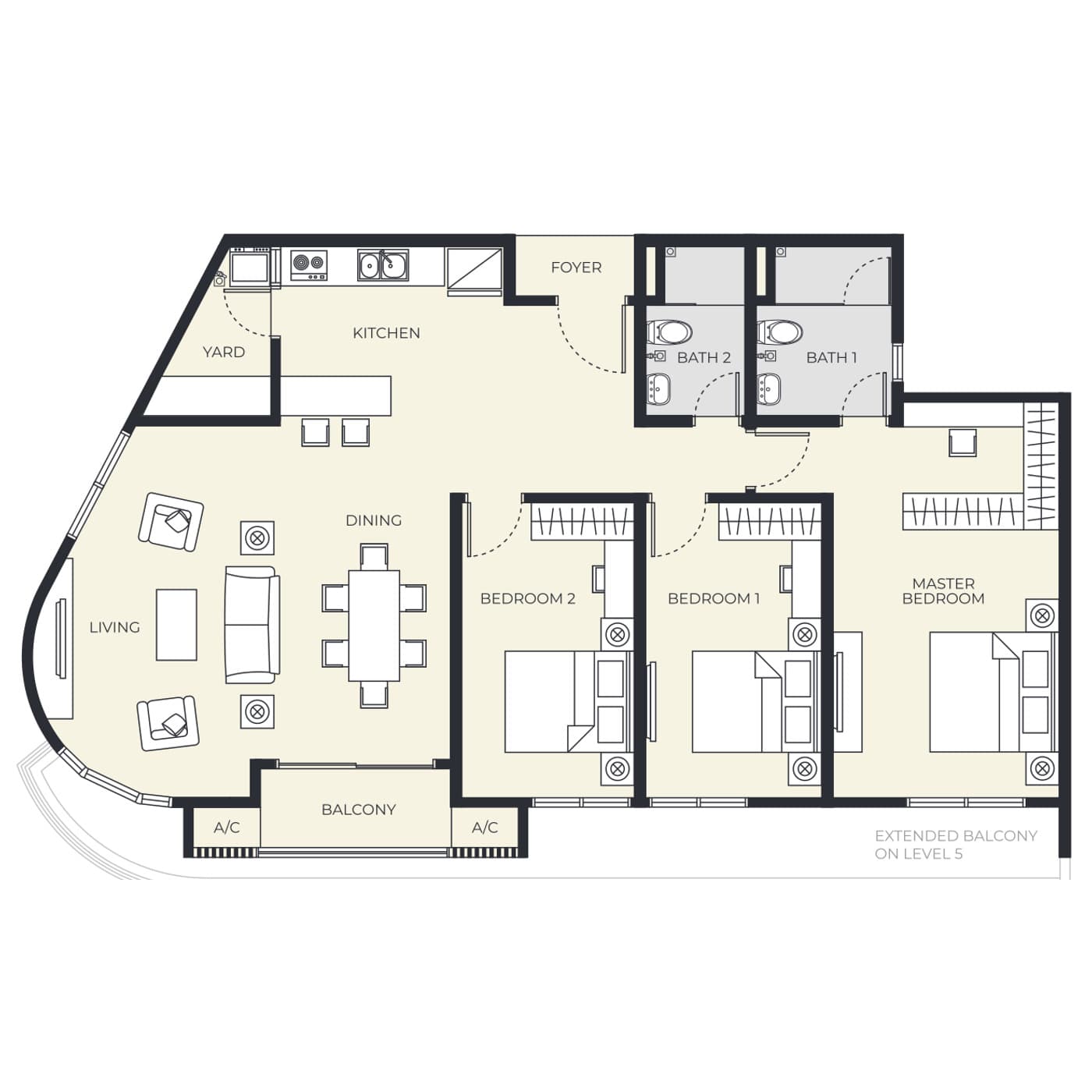 Daya Residence condominium Type C floor plan — 1,281 sq ft, 3 bedrooms · 2 bathrooms · 2 car parks