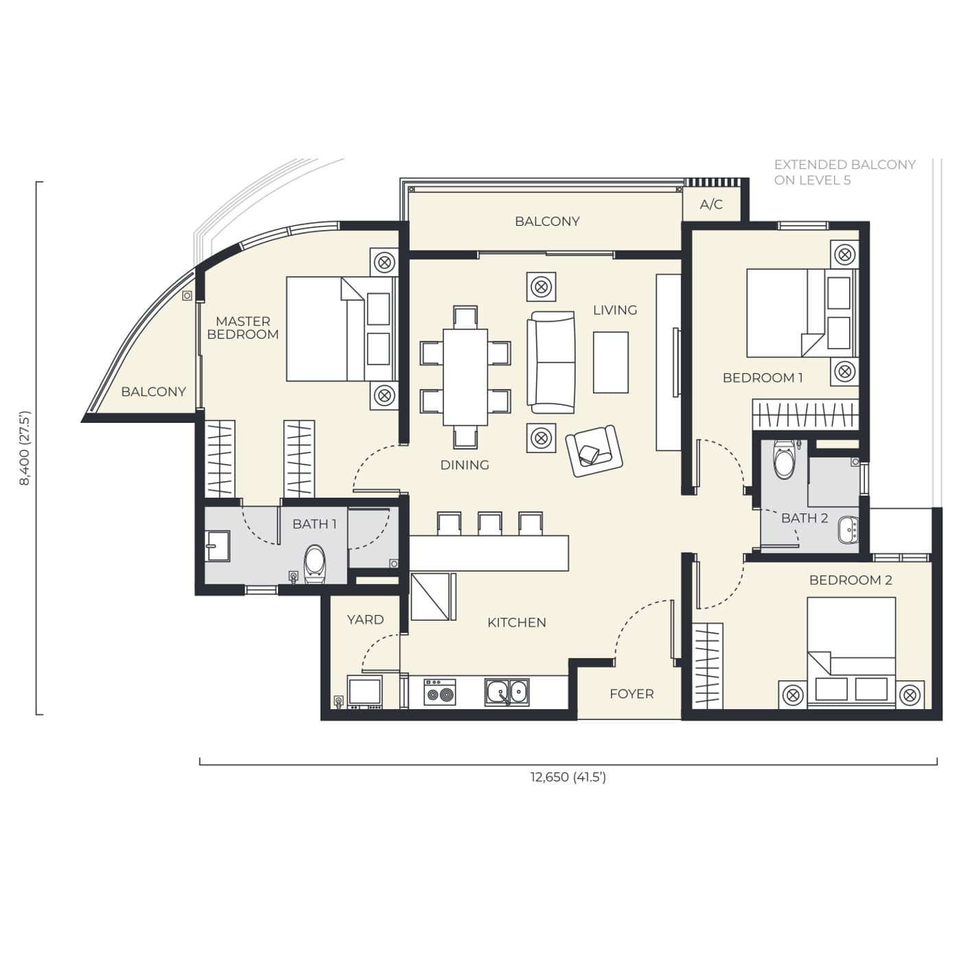 Daya Residence condominium Type D floor plan — 1,087 sq ft, 3 bedrooms · 2 bathrooms · 2 car parks