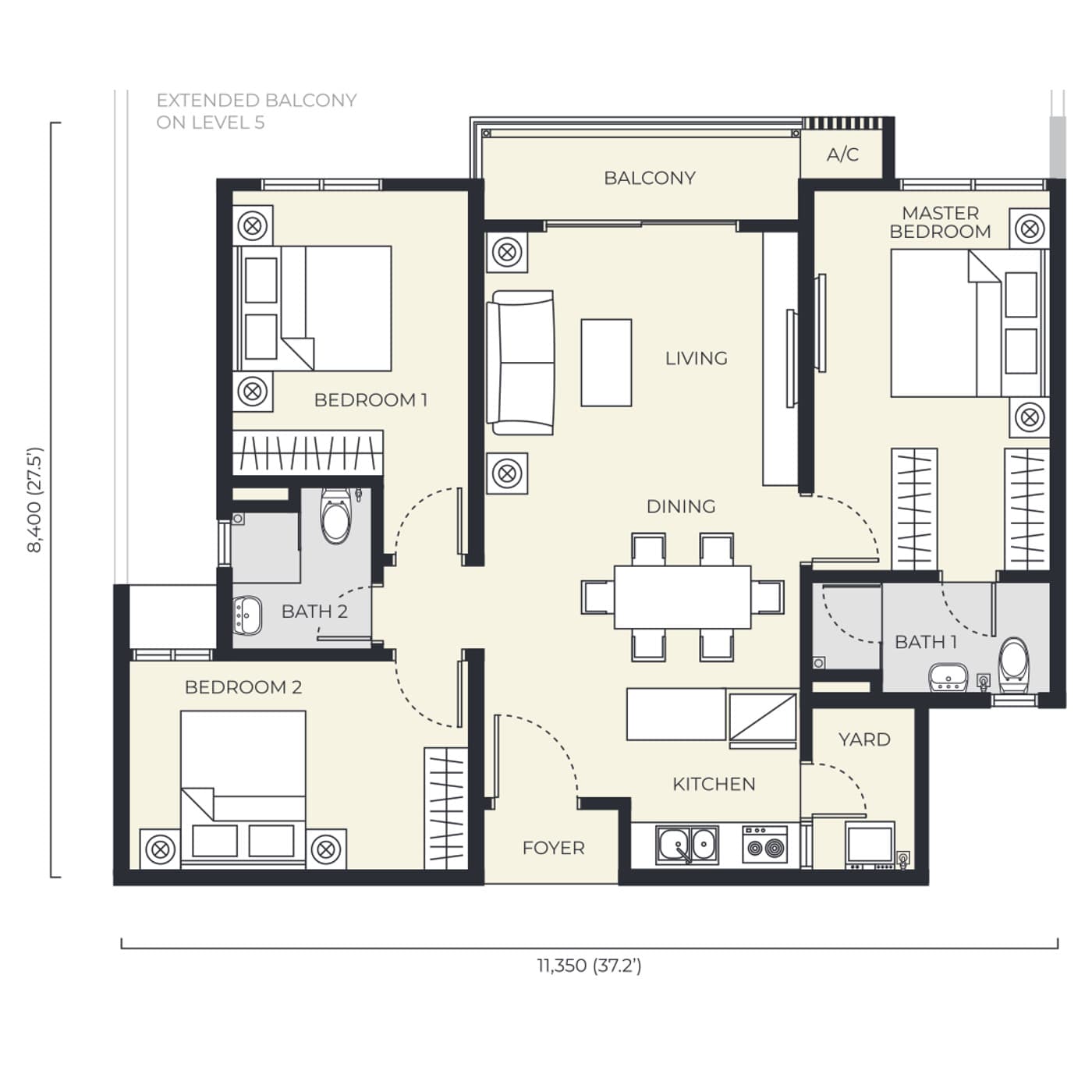 Daya Residence condominium Type E floor plan — 947 sq ft, 3 bedrooms · 2 bathrooms · 2 car parks
