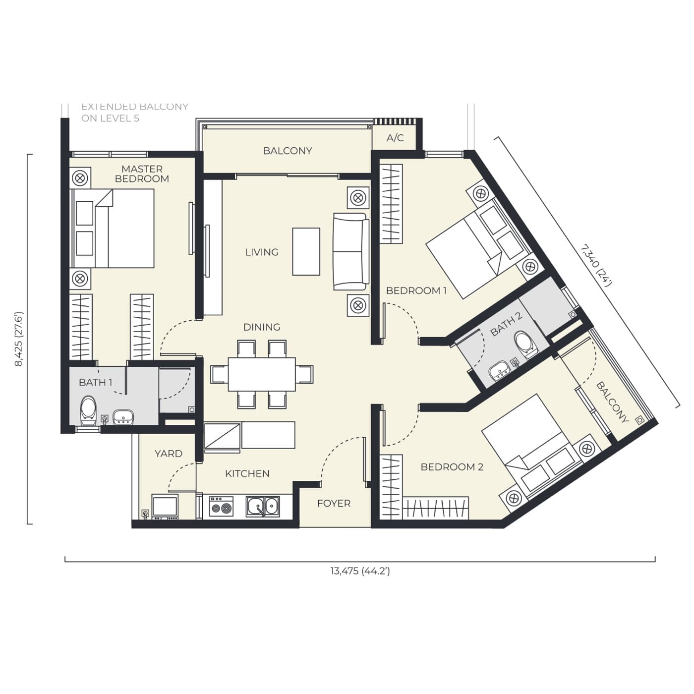 Daya Residence condominium Type F floor plan — 1,033 sq ft, 3 bedrooms · 2 bathrooms · 2 car parks