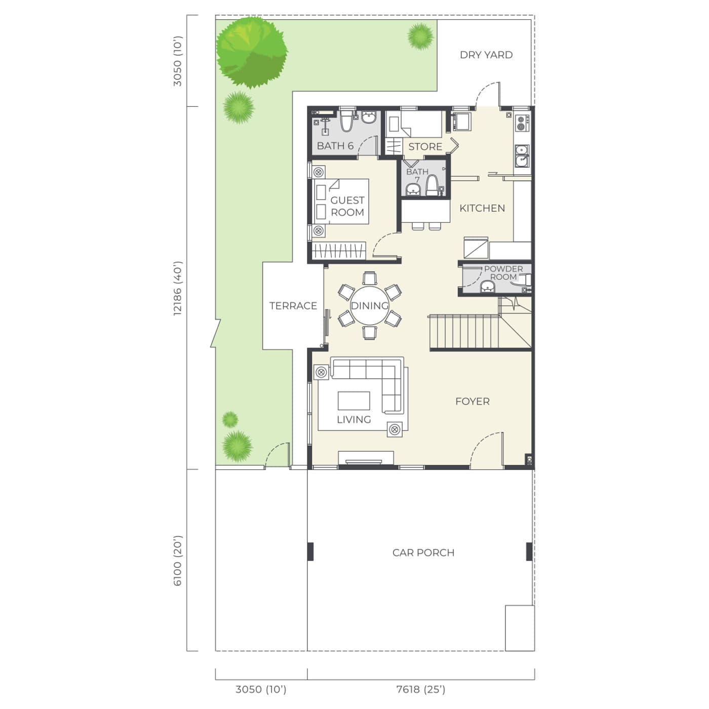 Daya Residence Semi-Detached Type A ground floor plan — 3,329 sq ft, 35' × 70' · 6 bedrooms · 7 bathrooms + powder room · 3 car parks