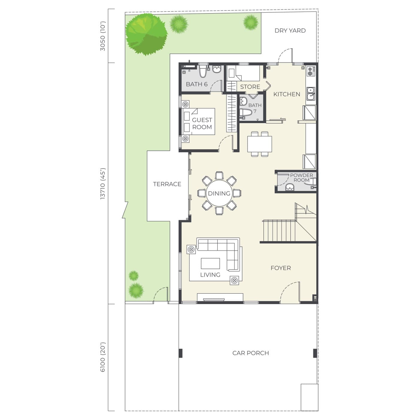 Daya Residence Semi-Detached Type B ground floor plan — 3,790 sq ft, 36' × 75' · 6 bedrooms · 7 bathrooms + powder room · 3 car parks