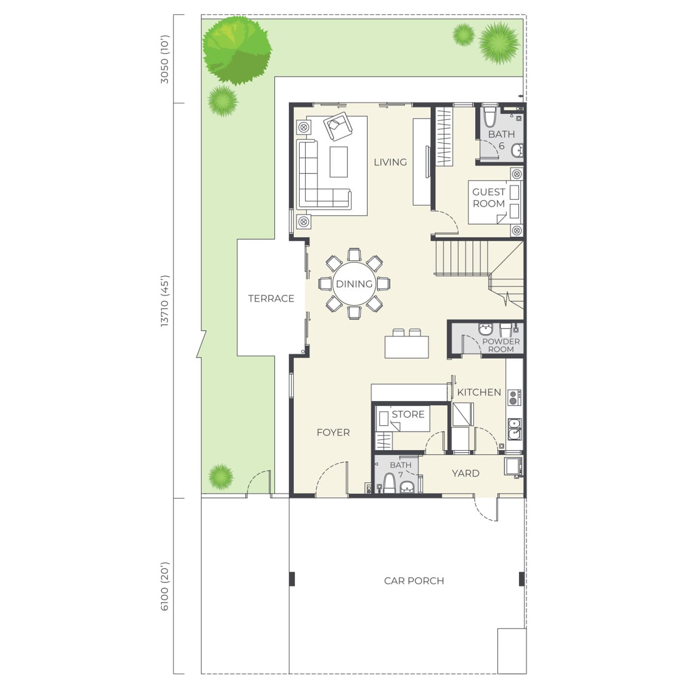 Daya Residence Semi-Detached Type C ground floor plan — 3,971 sq ft, 37' × 75' · 6 bedrooms · 7 bathrooms + powder room · 3 car parks