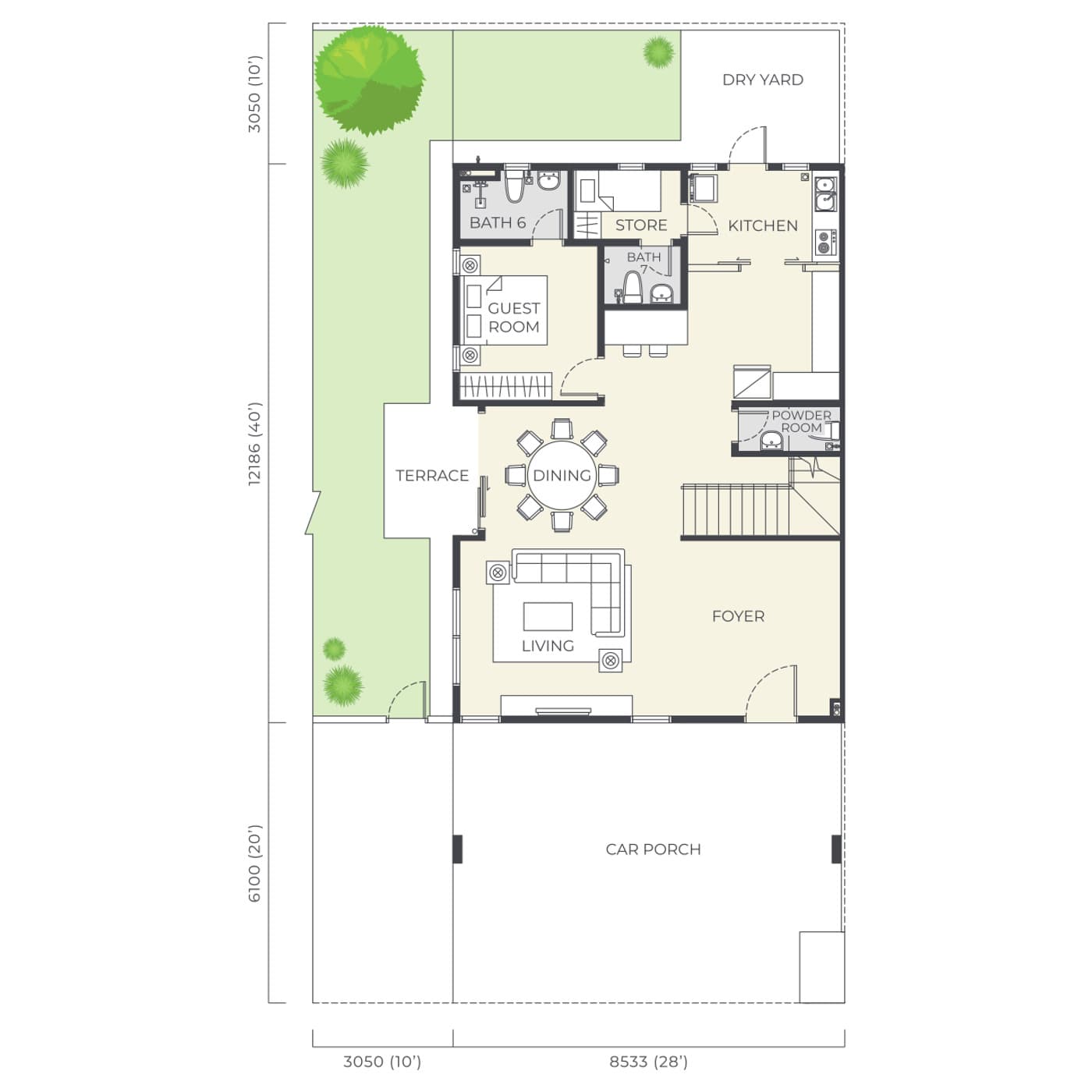 Daya Residence Semi-Detached Type D ground floor plan — 3,680 sq ft, 38' × 70' · 6 bedrooms · 7 bathrooms + powder room · 3 car parks