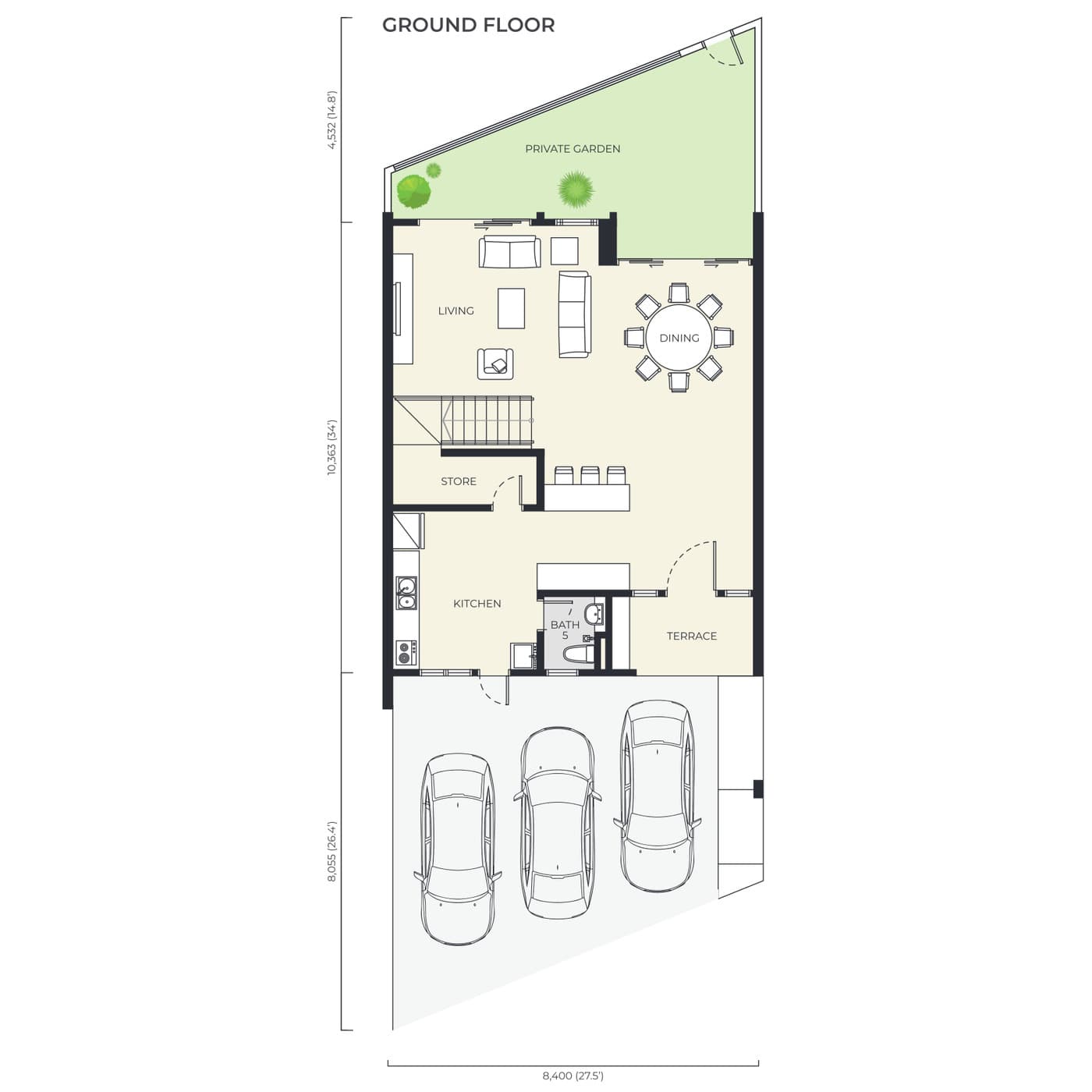 Daya Residence Town Villa ground floor plan — 3,810 sq ft, 27' × 34' · 4 bedrooms · 5 bathrooms · 3 car parks