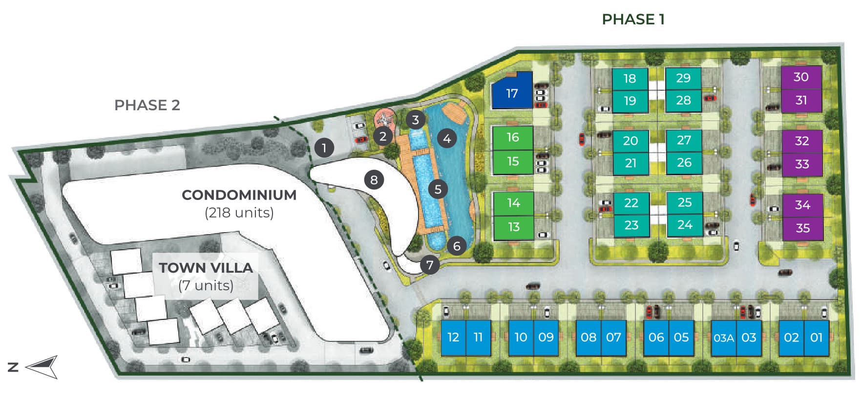 Daya Residence site plan — Phase 2 with the condominium and town villas on the left, Phase 1 with 34 numbered semi-detached plots and the bungalow on lot 17 on the right, and the numbered clubhouse, swimming pool, kid's pool, pond, jacuzzi, BBQ area and playground between them