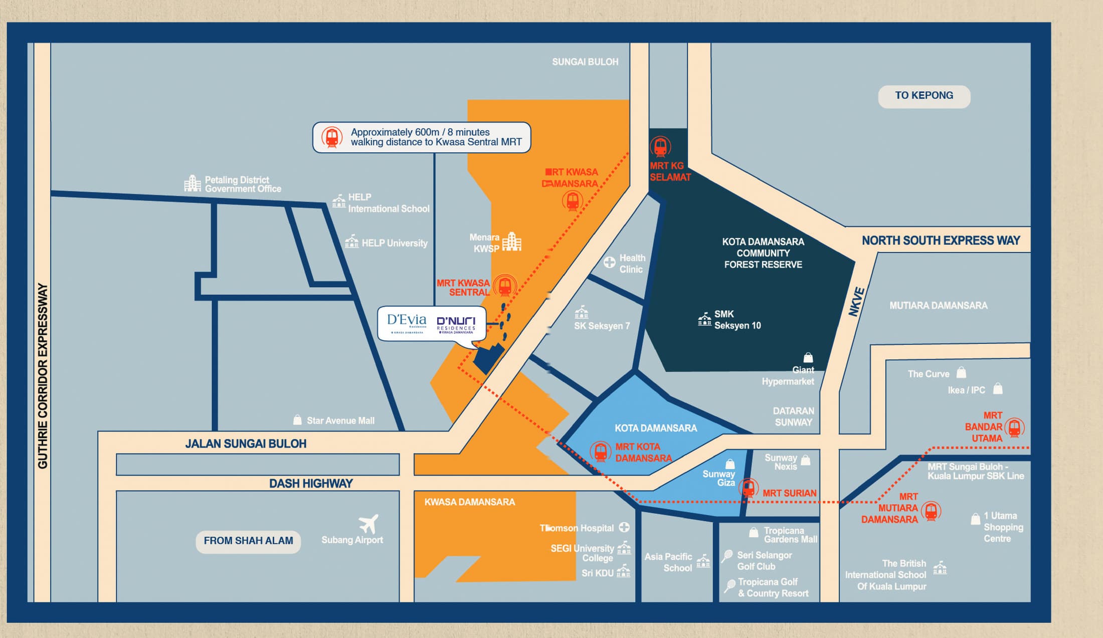 D'Evia Residences location map — the site marked beside D'Nuri Residences in Kwasa Damansara, with a 600m walking route to Kwasa Sentral MRT, the Kwasa Damansara, Kampung Selamat, Kota Damansara, Surian, Mutiara Damansara and Bandar Utama MRT stations, the Kota Damansara Community Forest Reserve, and the Guthrie Corridor Expressway, NKVE, DASH Highway and North-South Expressway