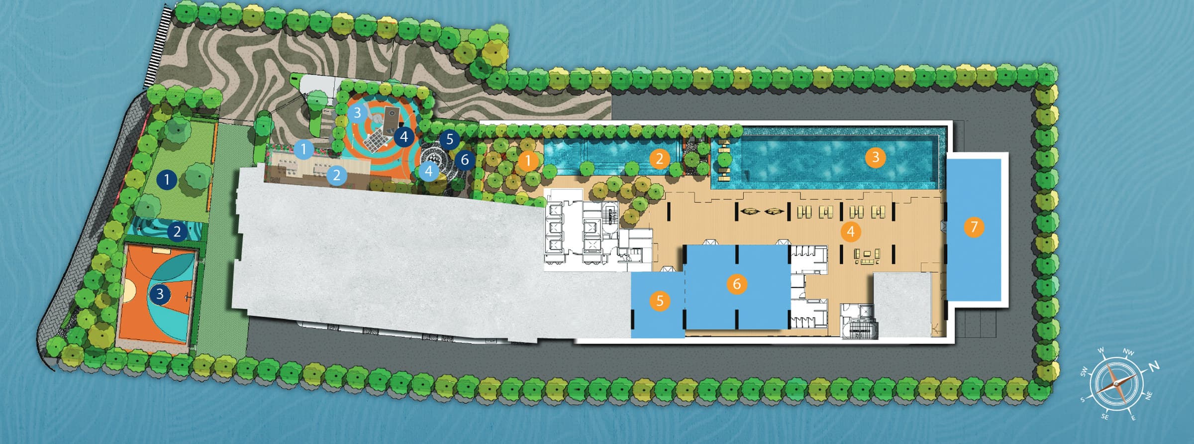 D'Evia Residences facility plan — the ground-floor Meadow Garden, outdoor gym and Ripple Court on the left, and the Level 8 gardens and Level 9 pool deck with the Evia Pool, Little Lagoon, Sol Deck, Evia Arcade, Pulse Gym and Flow Hall on the right