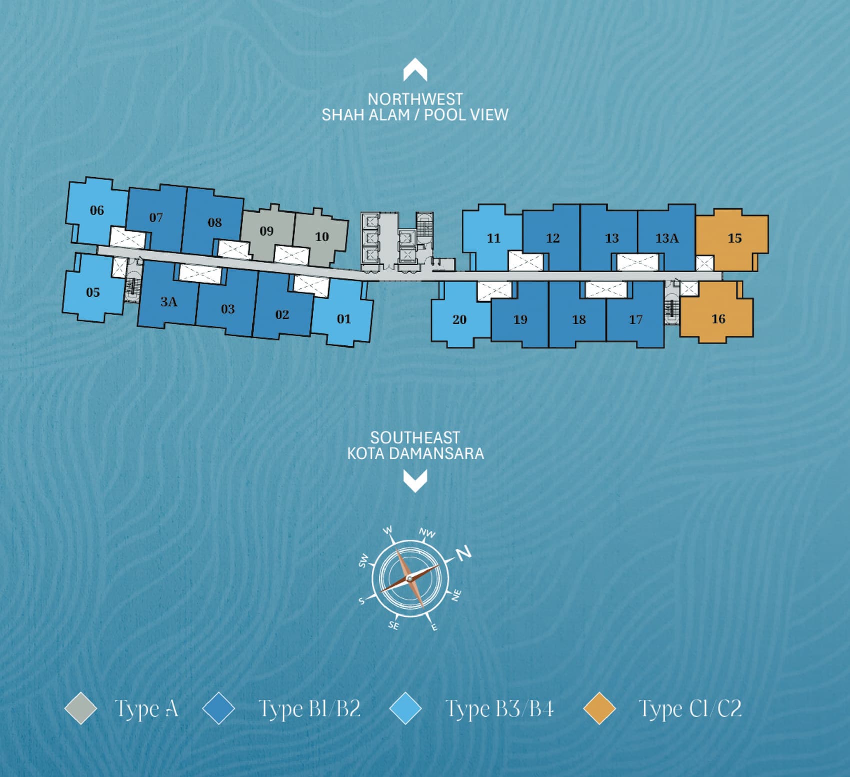 D'Evia Residences typical floor plan — twenty unit stacks numbered and colour-coded by type either side of the central lift core, with the northwest side facing Shah Alam and the pool and the southeast side facing Kota Damansara