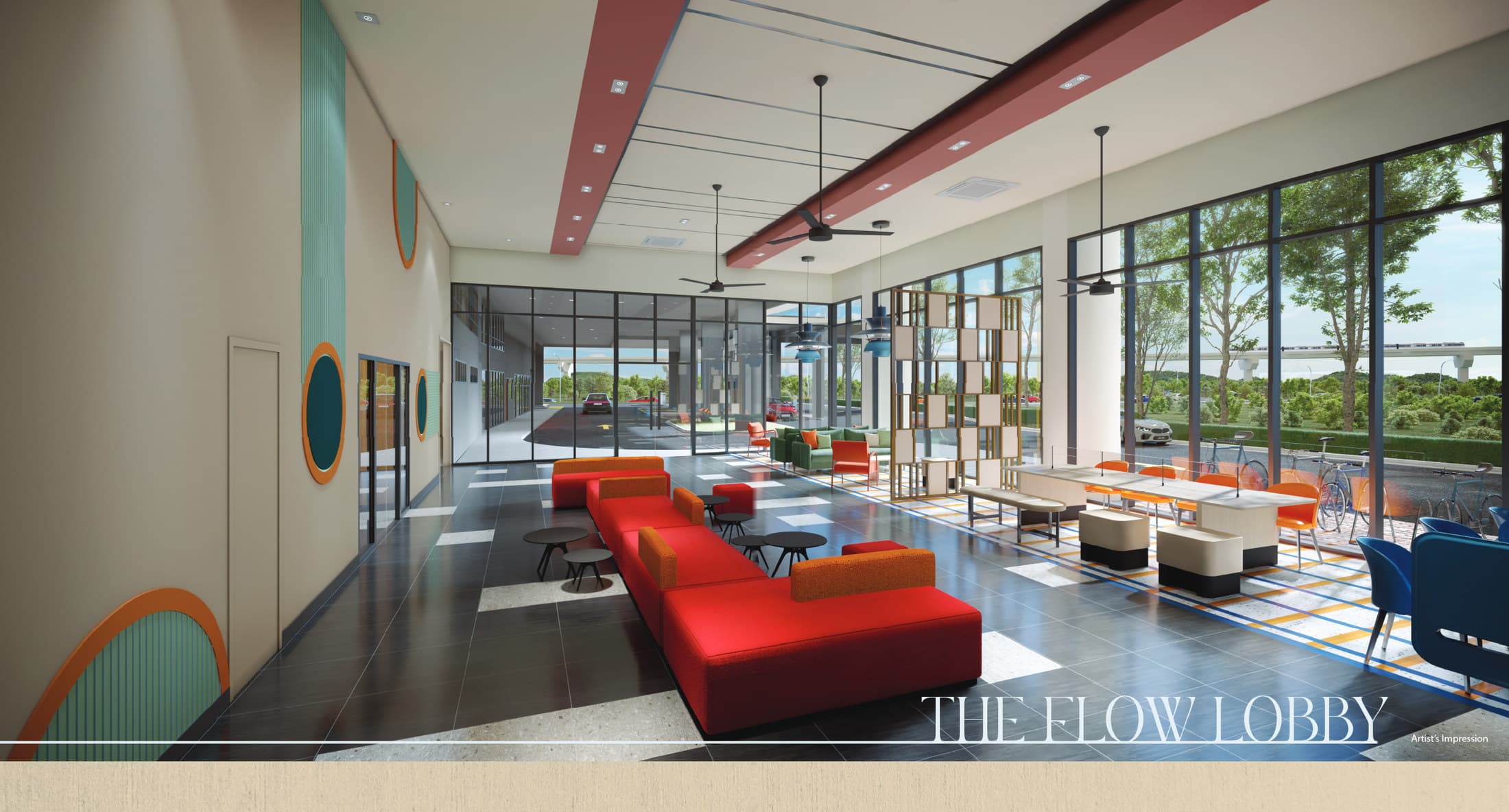 The Flow Lobby at ground level, with the co-working lounge along the window and the MRT viaduct beyond
