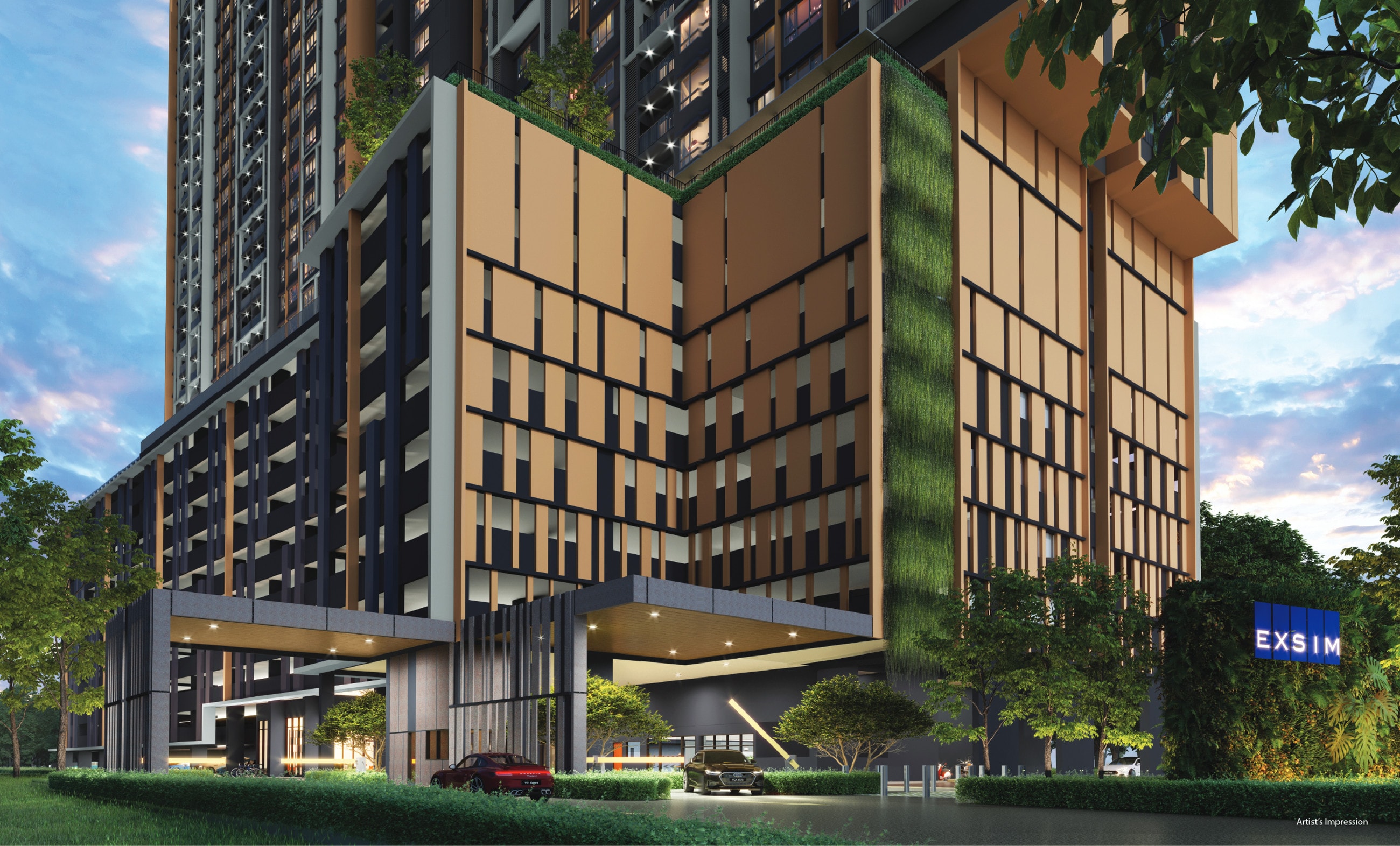 D'Evia Residences at dusk — the arrival porch and the timber-toned podium of the tower, with the vertical garden wall and the EXSIM sign at the entrance