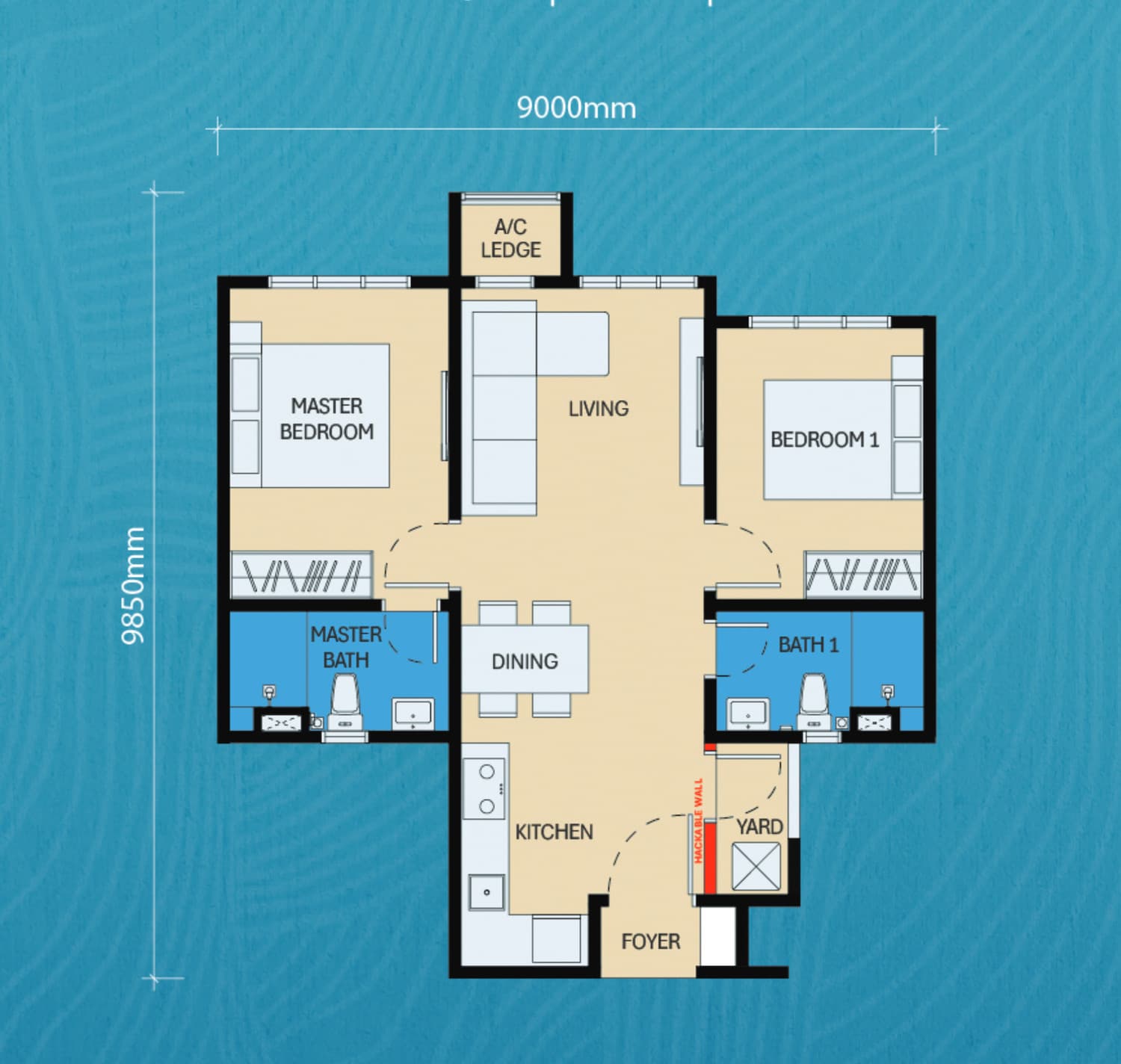 D'Evia Type A floor plan — 657 sq ft, 2 bedrooms · 2 bathrooms · 2 single car parks