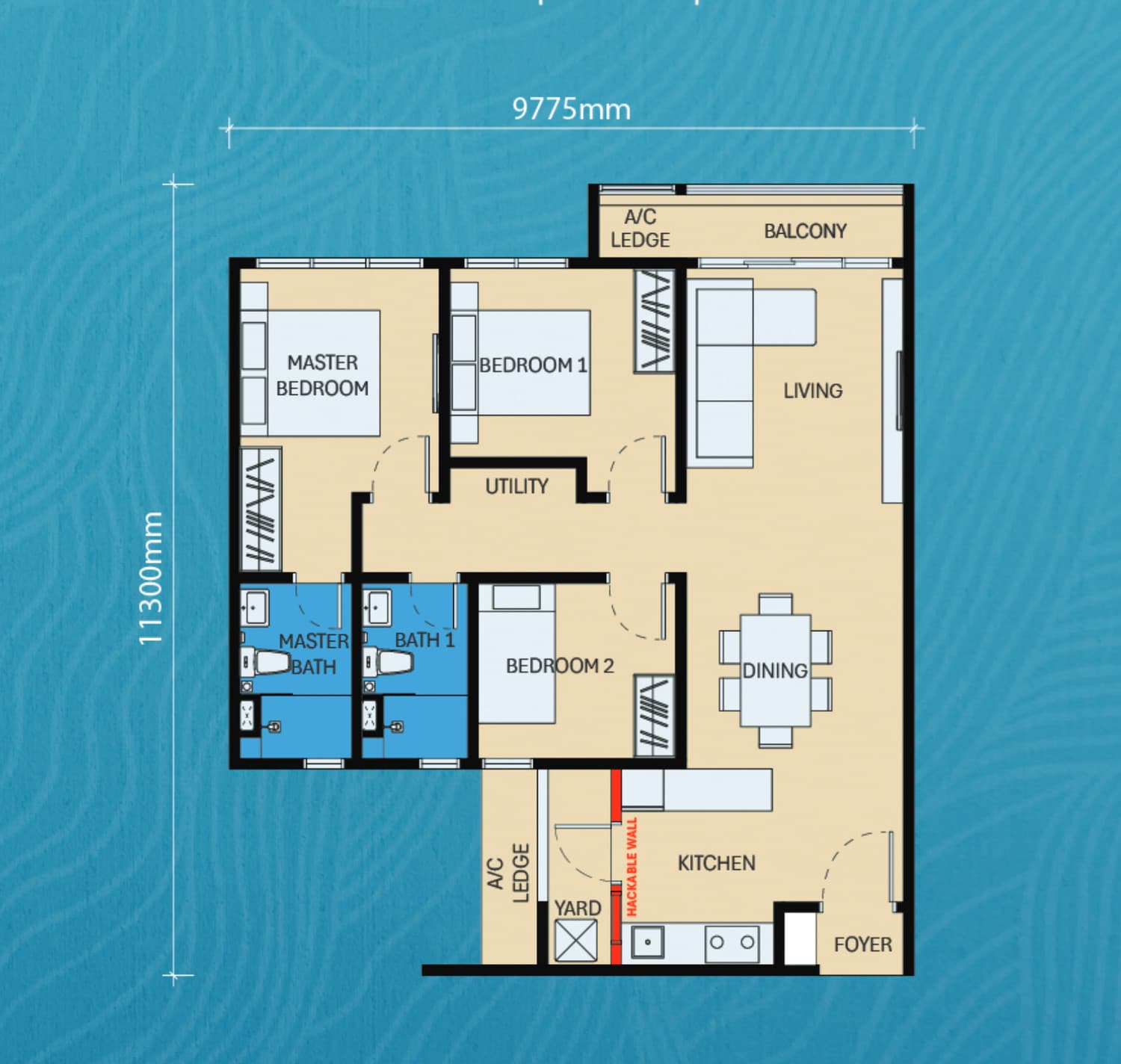 D'Evia Type B1 floor plan — 958 sq ft, 3 bedrooms · 2 bathrooms · 2 single car parks