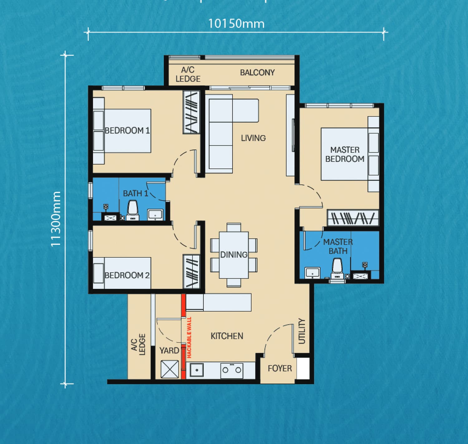 D'Evia Type B3 floor plan — 958 sq ft, 3 bedrooms · 2 bathrooms · 2 single car parks
