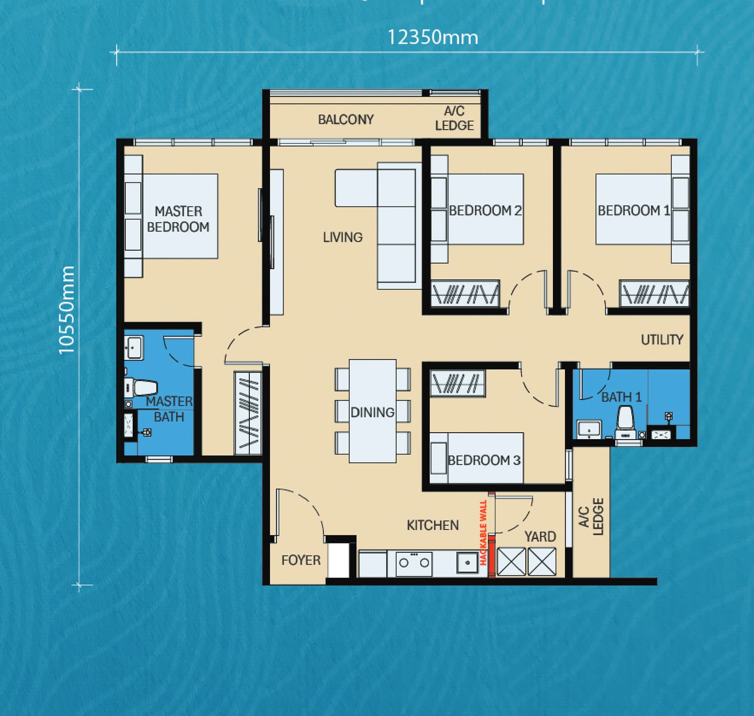 D'Evia Type C1 floor plan — 1,109 sq ft, 4 bedrooms · 2 bathrooms · 1 tandem + 1 single car park