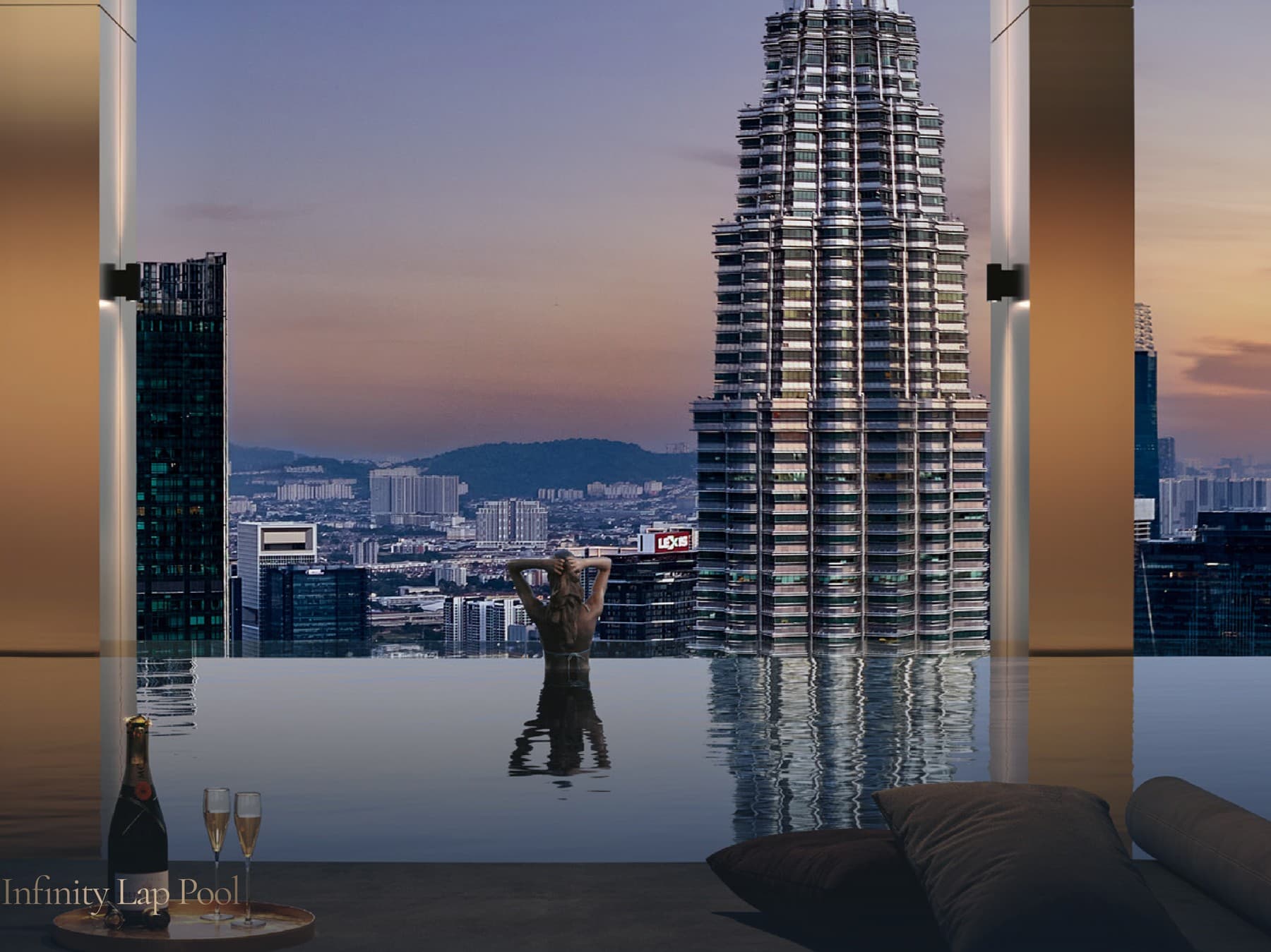 Infinity Lap Pool — the sky-level lane set behind a bronze-framed opening, its edge dropped so the water reads as continuous with the Twin Towers beyond it at dusk