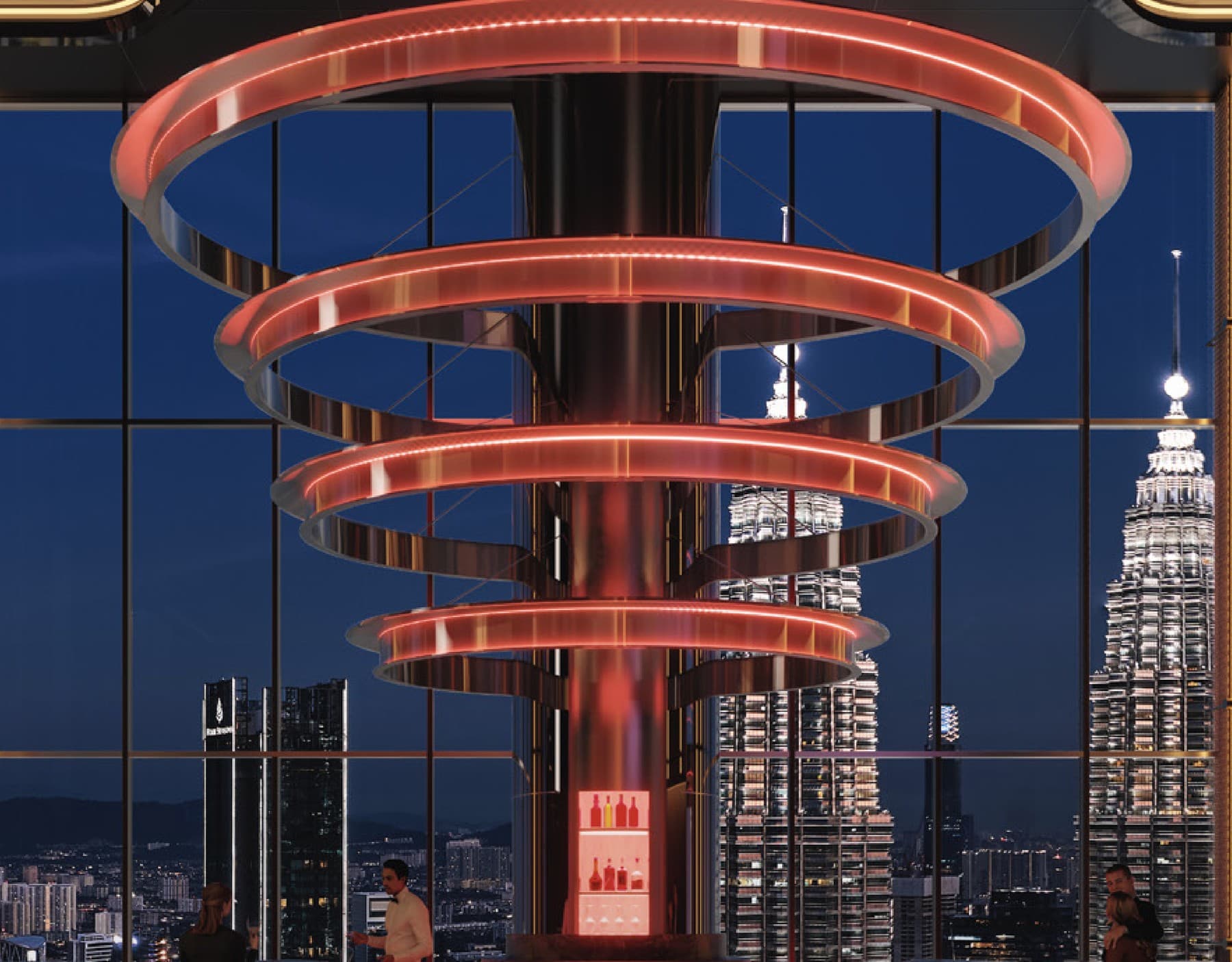 The sky bar — four illuminated rings stacked around a bronze column at the centre of a full-height glazed room, with the Petronas Twin Towers framed behind the counter