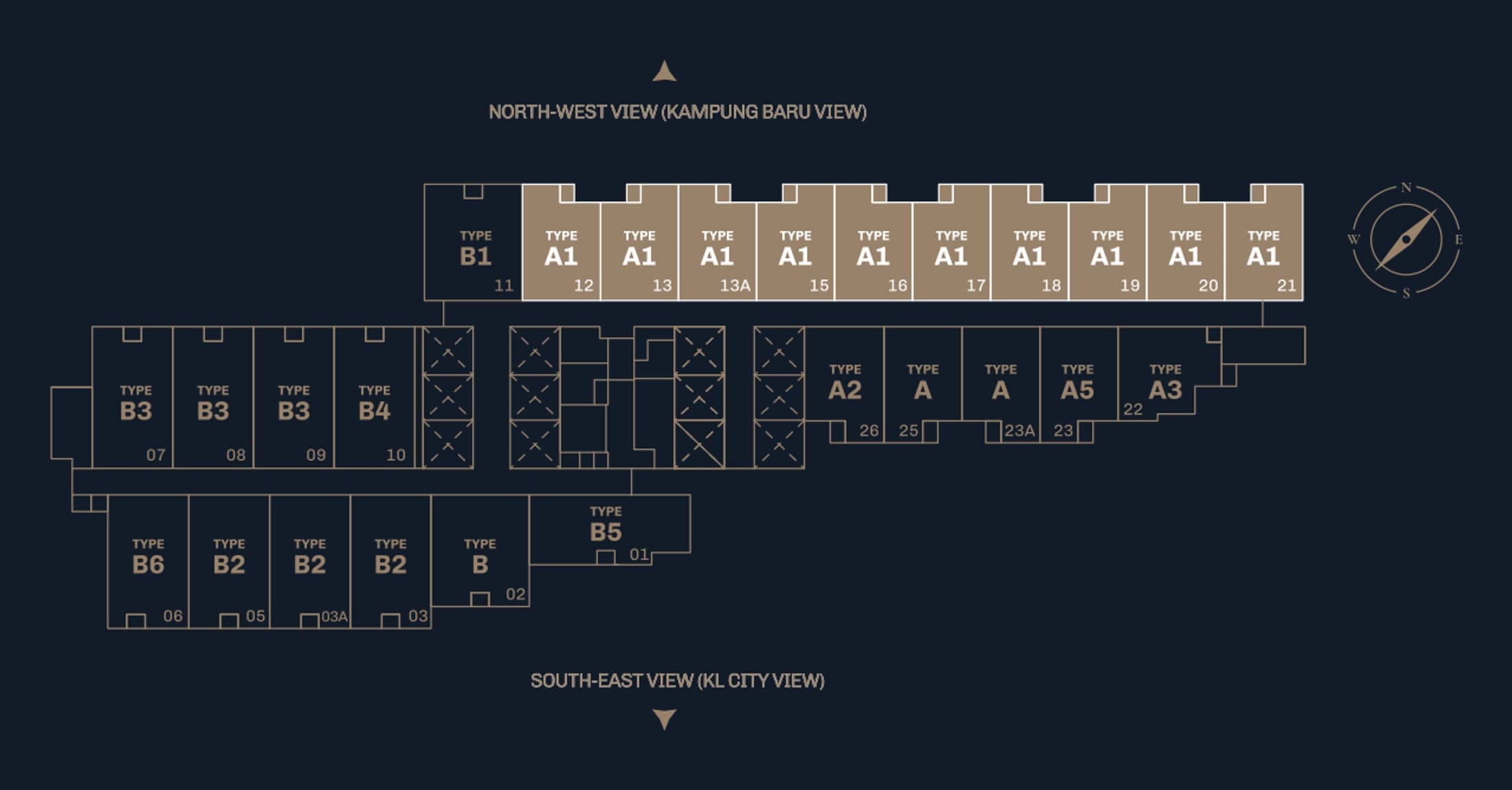 Divine KLCC typical floor plate with the ten Type A1 homes tinted gold — units 12, 13, 13A, 15, 16, 17, 18, 19, 20 and 21 along the north-west band facing Kampung Baru, with the B-series homes and the lift core drawn around them