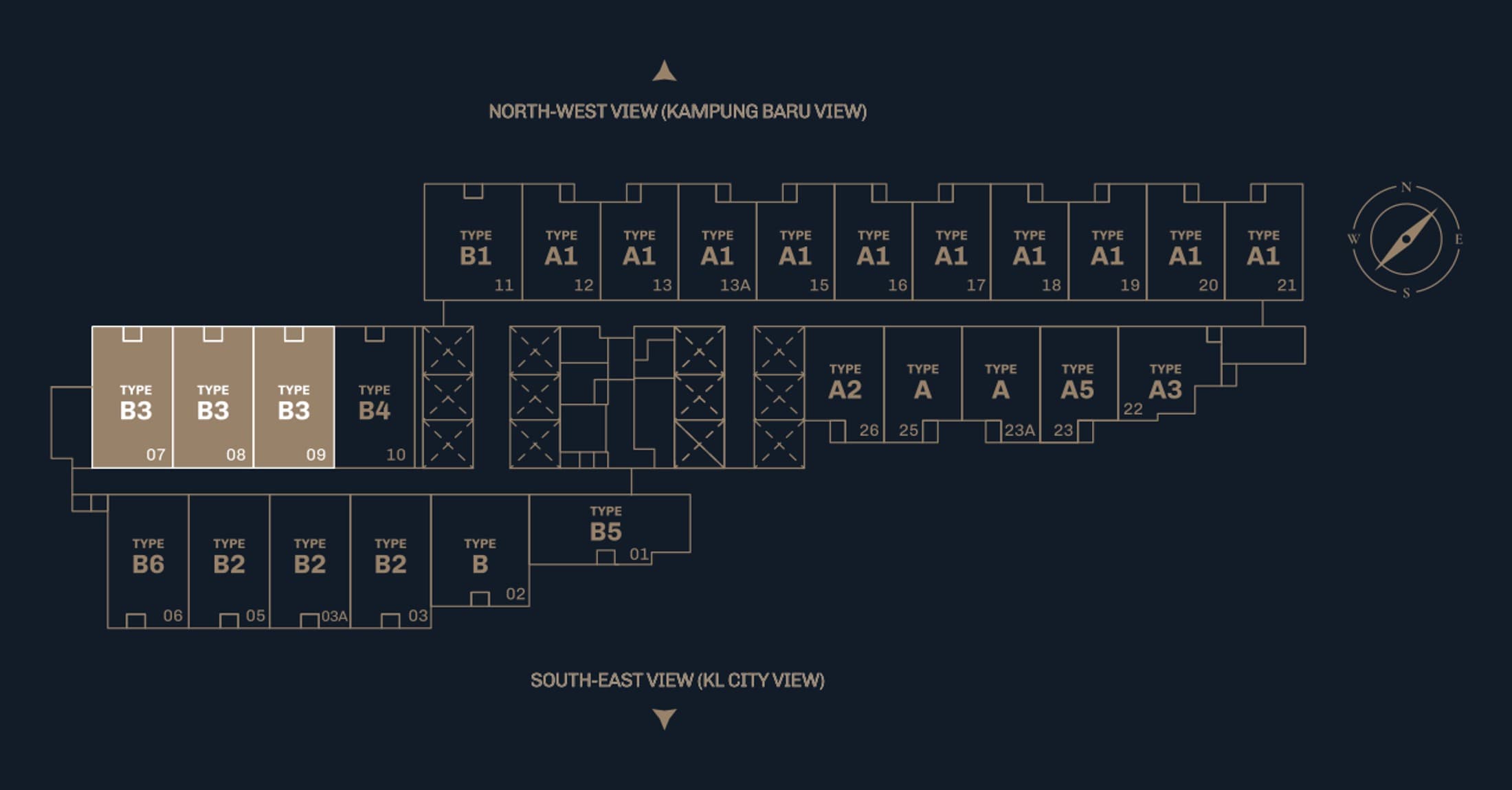Divine KLCC typical floor plate with the three Type B3 dual-key homes tinted gold — units 07, 08 and 09 on the middle band, west of the central lift core