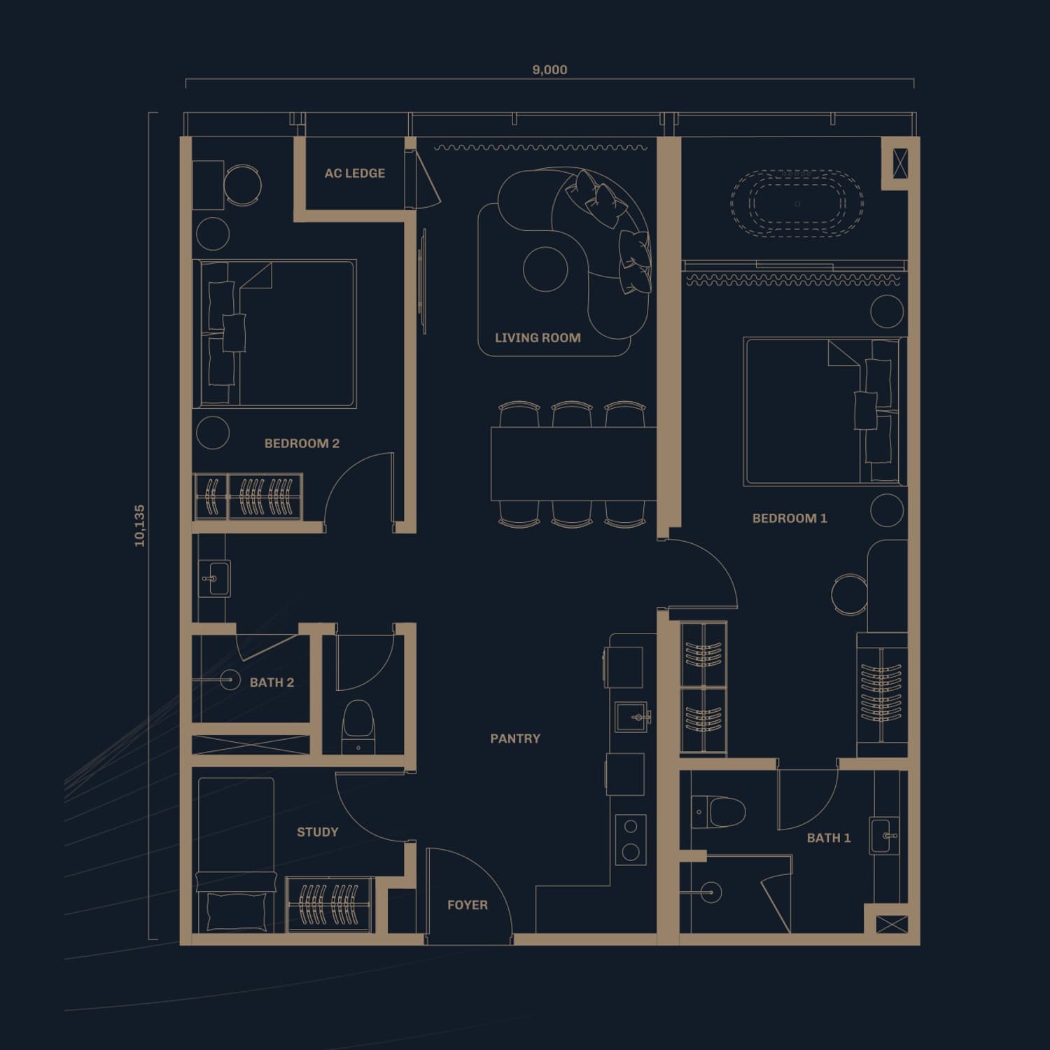 Divine KLCC Type C floor plan — 982 sq ft, 2 + 1 bedrooms · 2 bathrooms