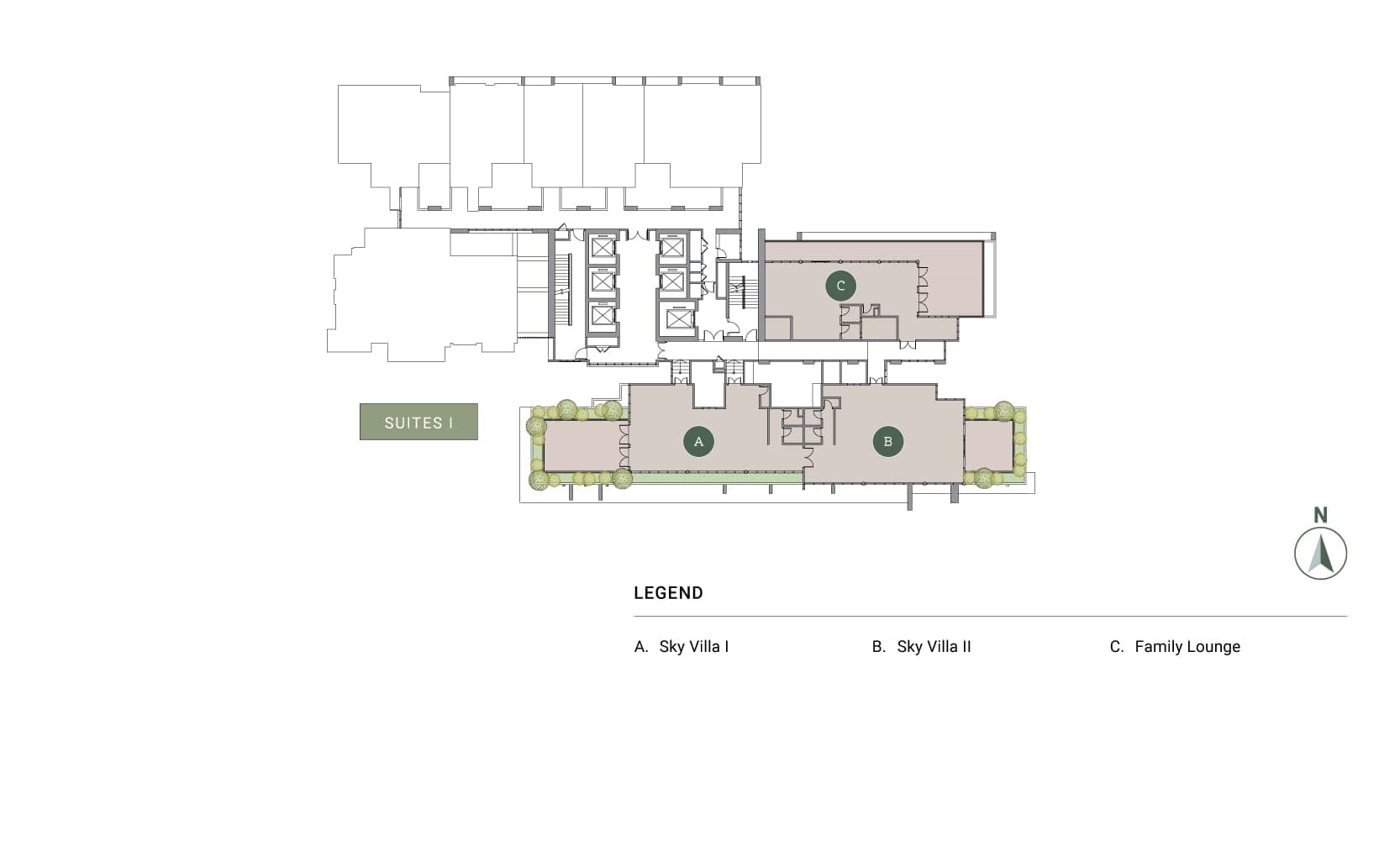 The Level 45 sky facilities plan at Enlace — Sky Villa I, Sky Villa II and the Family Lounge