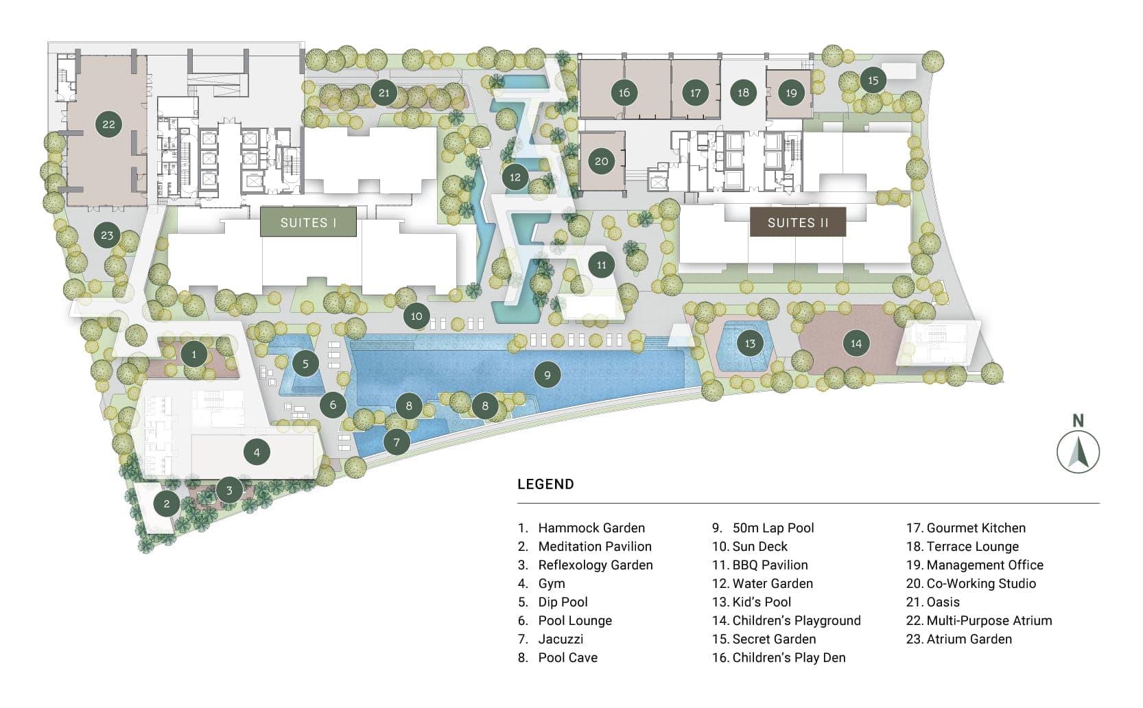 The Level 8 facilities deck at Enlace, with all twenty-three facilities numbered — the 50 m lap pool, kid's pool, gym, gardens and atrium — between the Suites I and Suites II towers