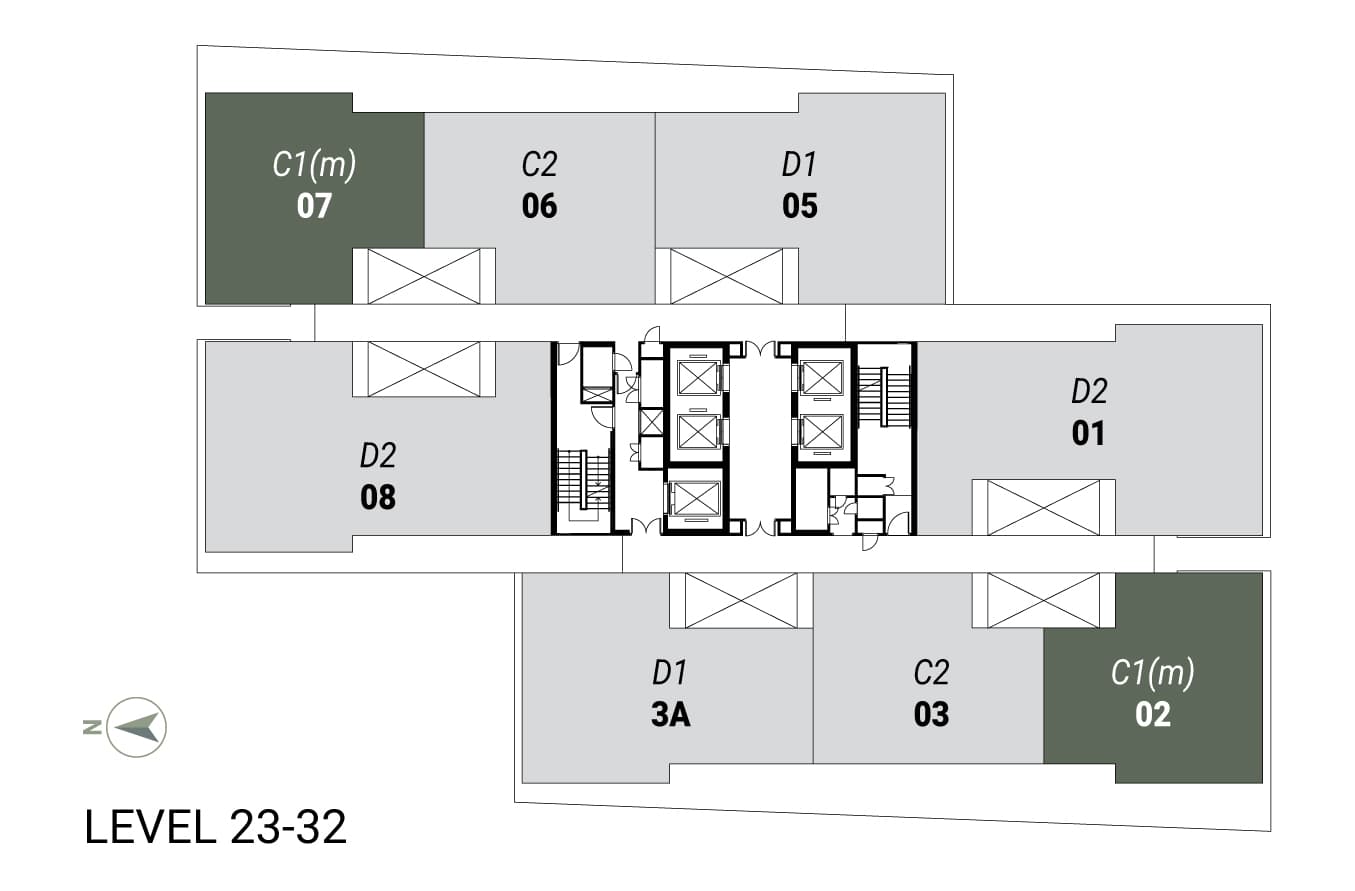 Enlace Suites 2 key plan for Levels 23 to 32, showing eight units per floor of types C1, C2, D1 and D2