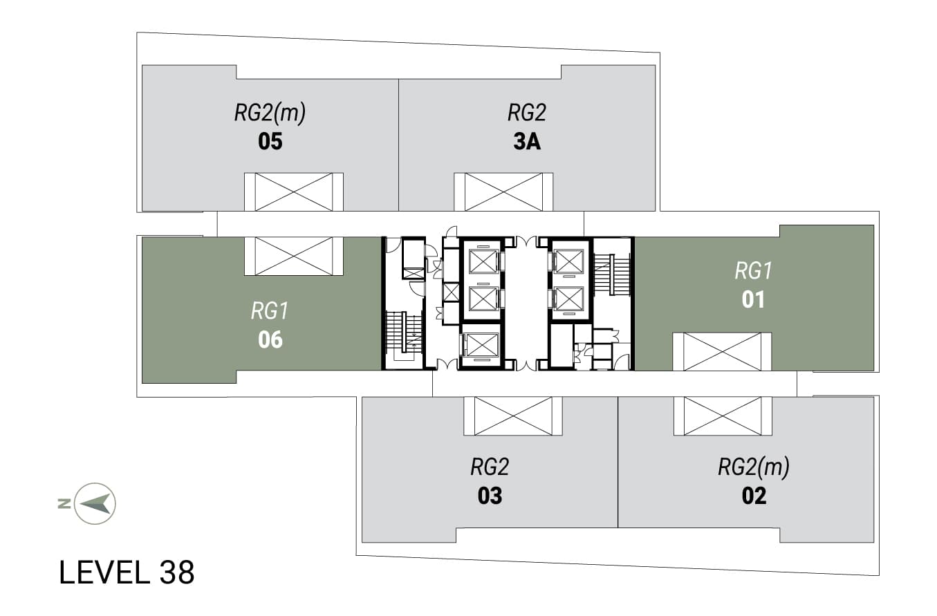 Enlace Suites 2 key plan for Level 38, showing six roof-garden duplexes of types RG1 and RG2
