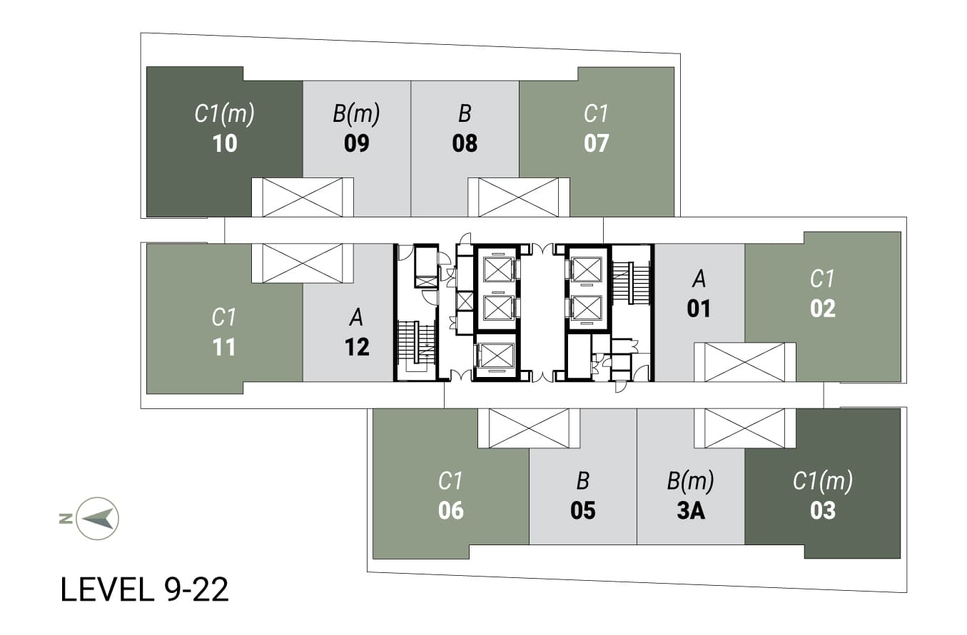 Enlace Suites 2 key plan for Levels 9 to 22, showing twelve units per floor of types A, B and C1 around the central lift core