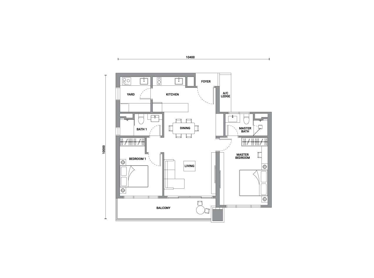 Enlace Suites 2 Type C1 floor plan — 979 sq ft, 2 bedrooms · 2 bathrooms