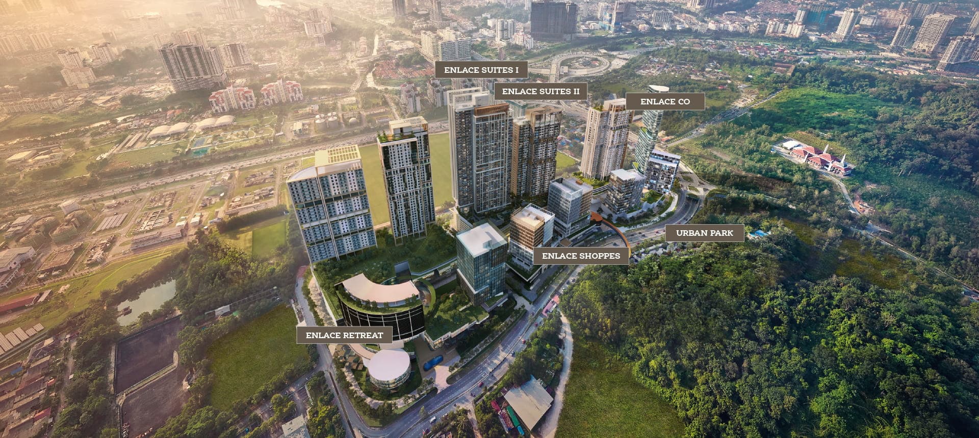 Aerial view of the Pantai Sentral Park masterplan with Enlace Suites I, Enlace Suites II, Enlace Co, Enlace Shoppes, Enlace Retreat and the urban park labelled