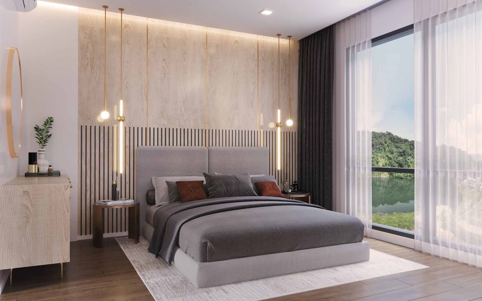 Bedrooms open to the lake and forest