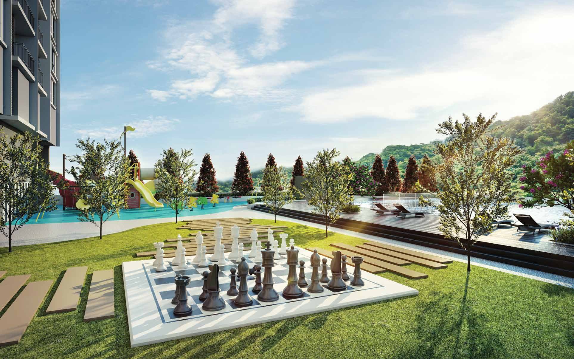 Pool deck, chess lawn and playground below the hill
