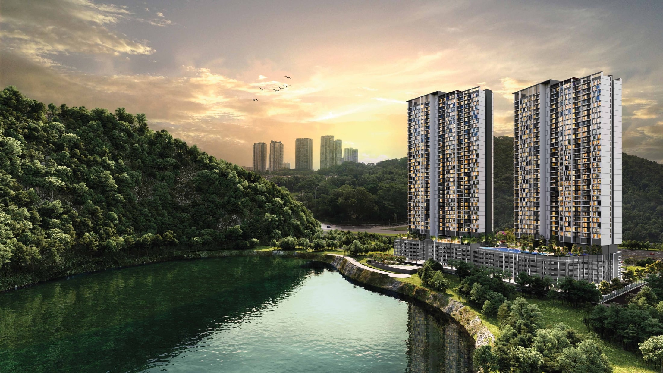 Foresthill Residence — twin towers above the lake