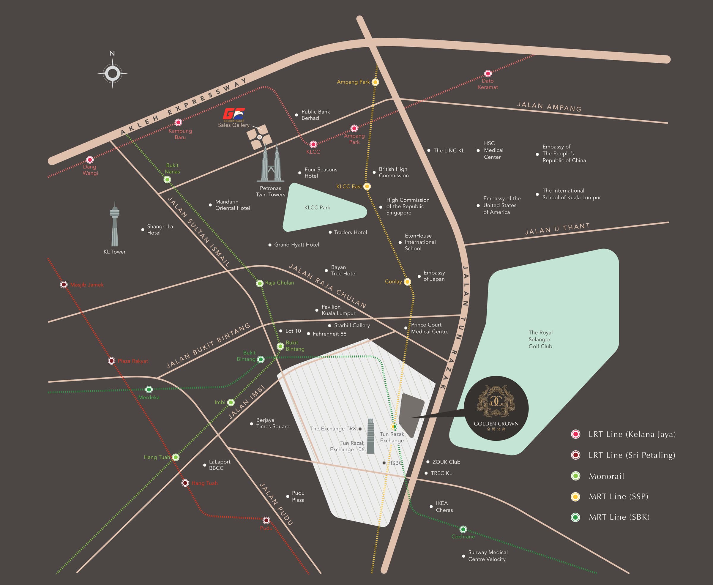 Golden Crown Residence location map — the development marked on Jalan Tun Razak inside the Tun Razak Exchange precinct, with the TRX MRT interchange, The Exchange TRX and The Exchange 106 beside it, the Royal Selangor Golf Club to the east, TREC KL, Zouk and IKEA Cheras to the south, Prince Court Medical Centre, the embassies along Jalan U Thant and the International School of Kuala Lumpur to the north, and KLCC, the Petronas Twin Towers, Pavilion Kuala Lumpur, Bukit Bintang and the KL Tower across the western half of the sheet