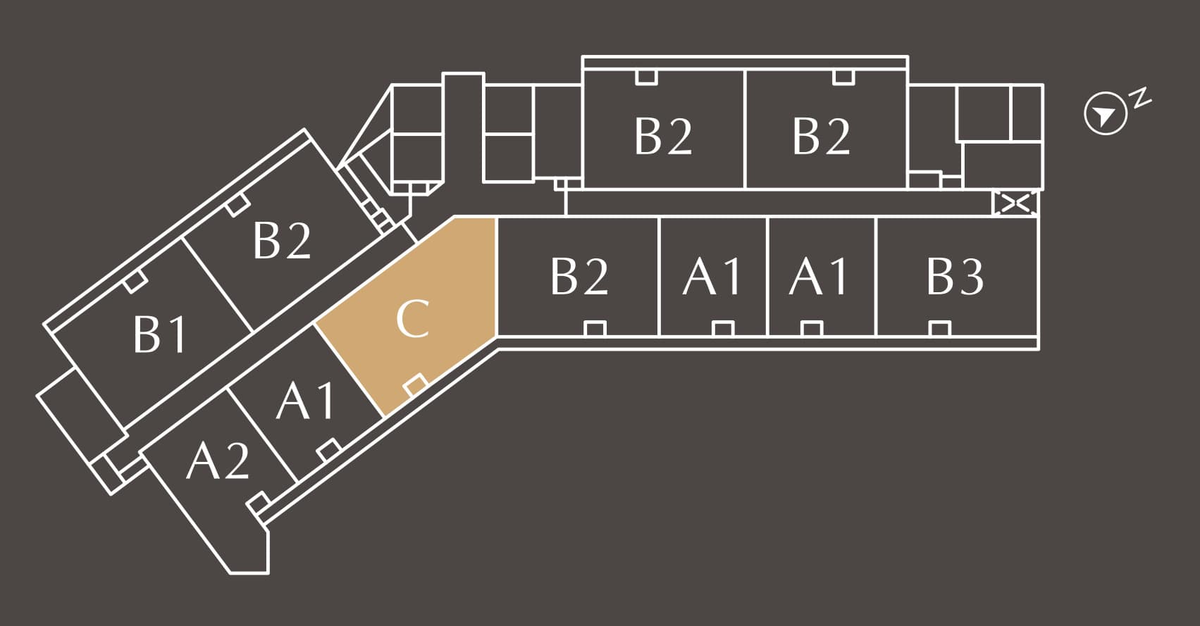 Golden Crown Residence typical floor plate — eleven homes on a bent slab. The diagonal wing carries Type B1 and Type B2 on its outer row and Type A2, Type A1 and the dual-key Type C on its inner row; the east block carries two Type B2 across the top and Type B2, two Type A1 and Type B3 along its lower row, with the Type C highlighted in gold