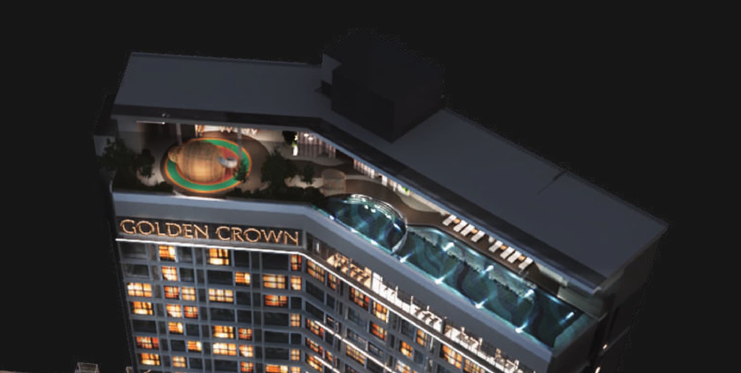 The crown of the tower in the developer's own night render — Level 59 open to the sky, with the swimming pool running the length of the eastern wing, the wading pool at the bend, planted resting decks along the top and the domed children's playground at the far end