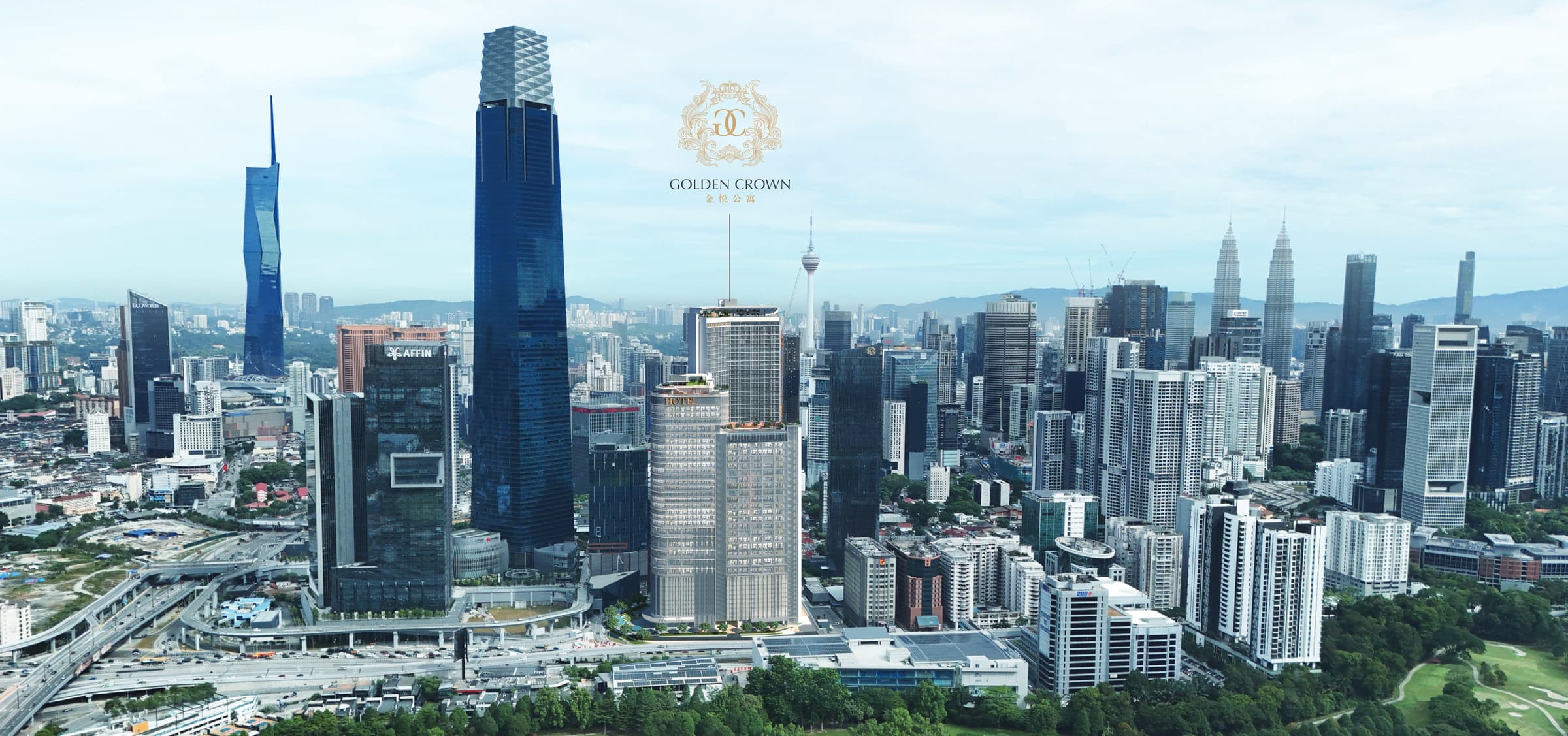 The Kuala Lumpur skyline from above Tun Razak Exchange — Merdeka 118 at the left, The Exchange 106 in dark blue at the centre, the KL Tower behind it, the Petronas Twin Towers to the right and the Royal Selangor Golf Club green at the bottom right