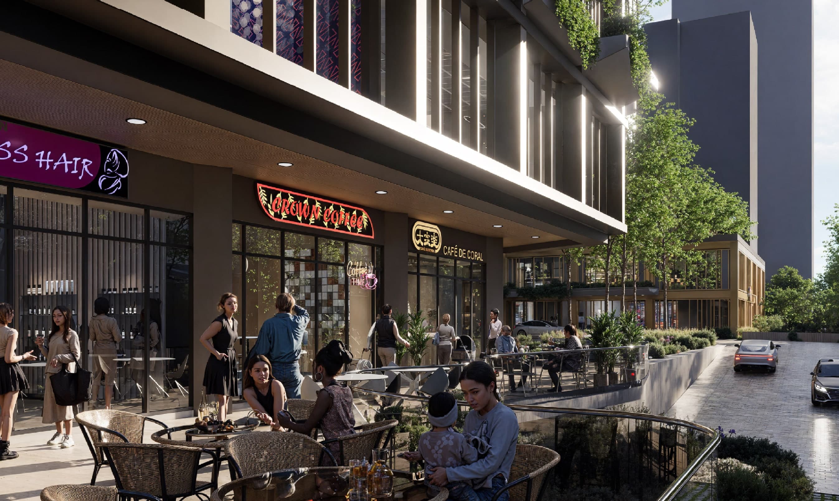 Shopfronts and outdoor seating along the Block A frontage